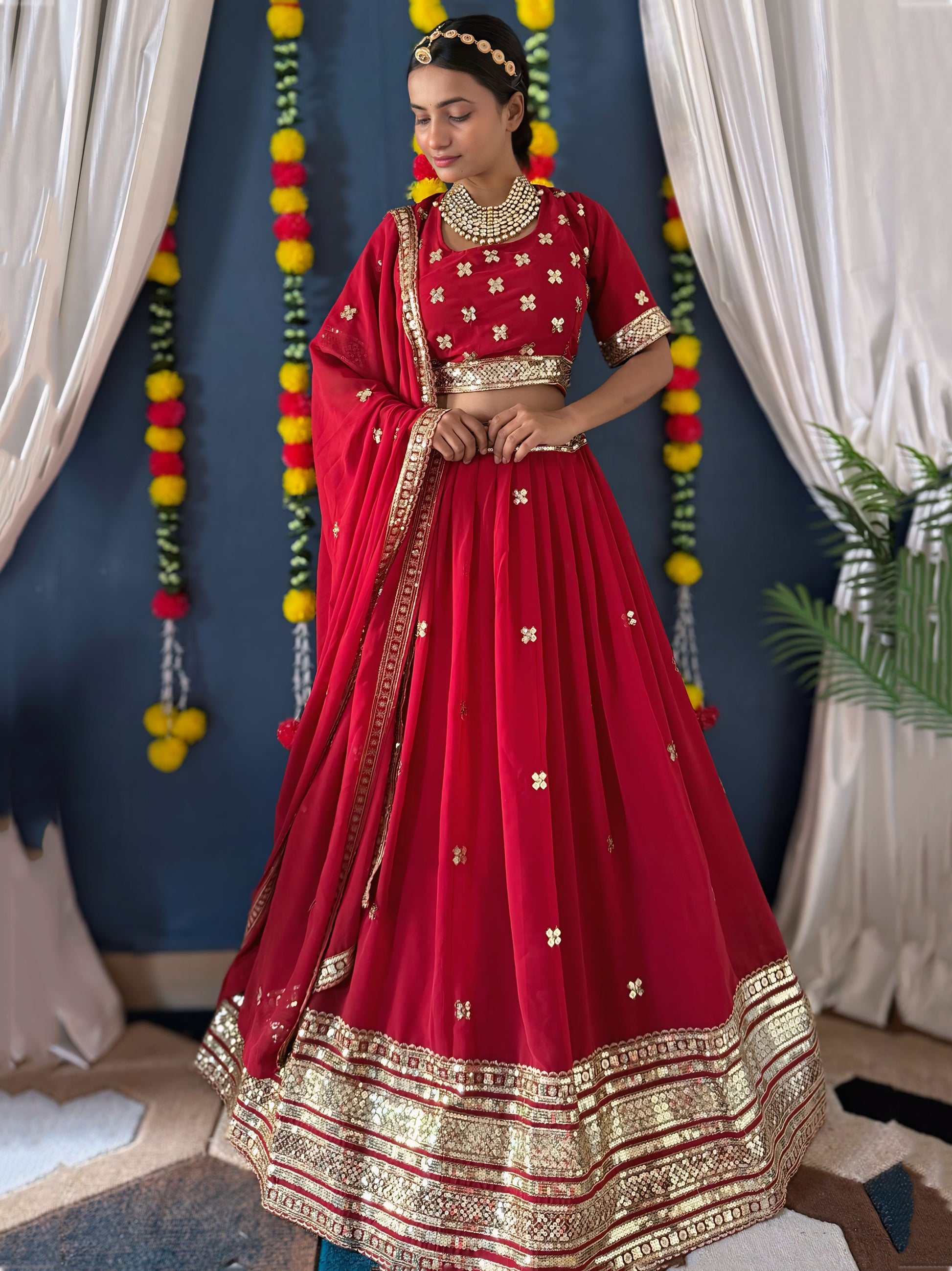 Lovely Red Zari Work Georgette Bridal Lehenga Choli