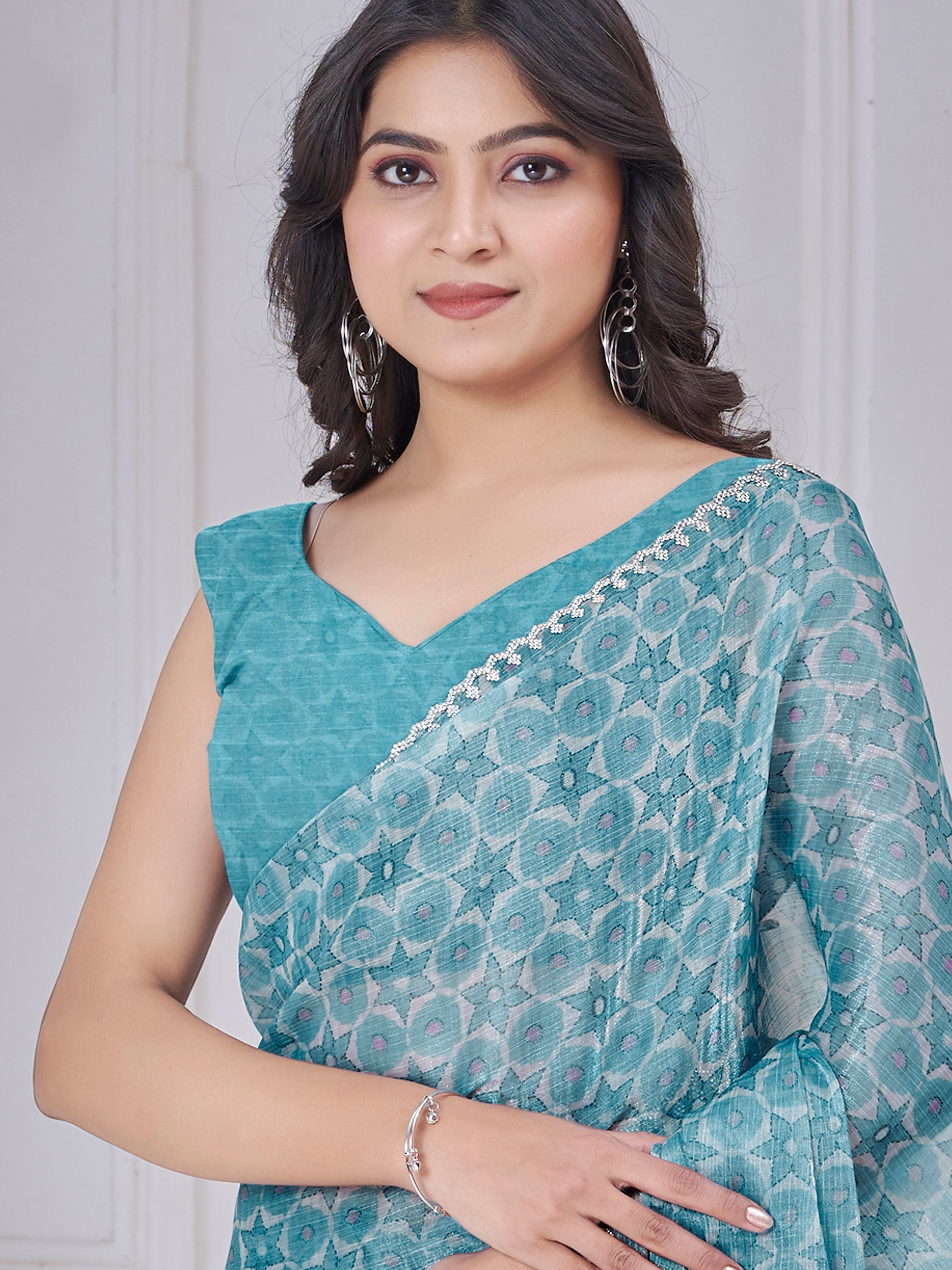 Charming Sky Blue Digital Printed Organza Silk Festive Wear Saree