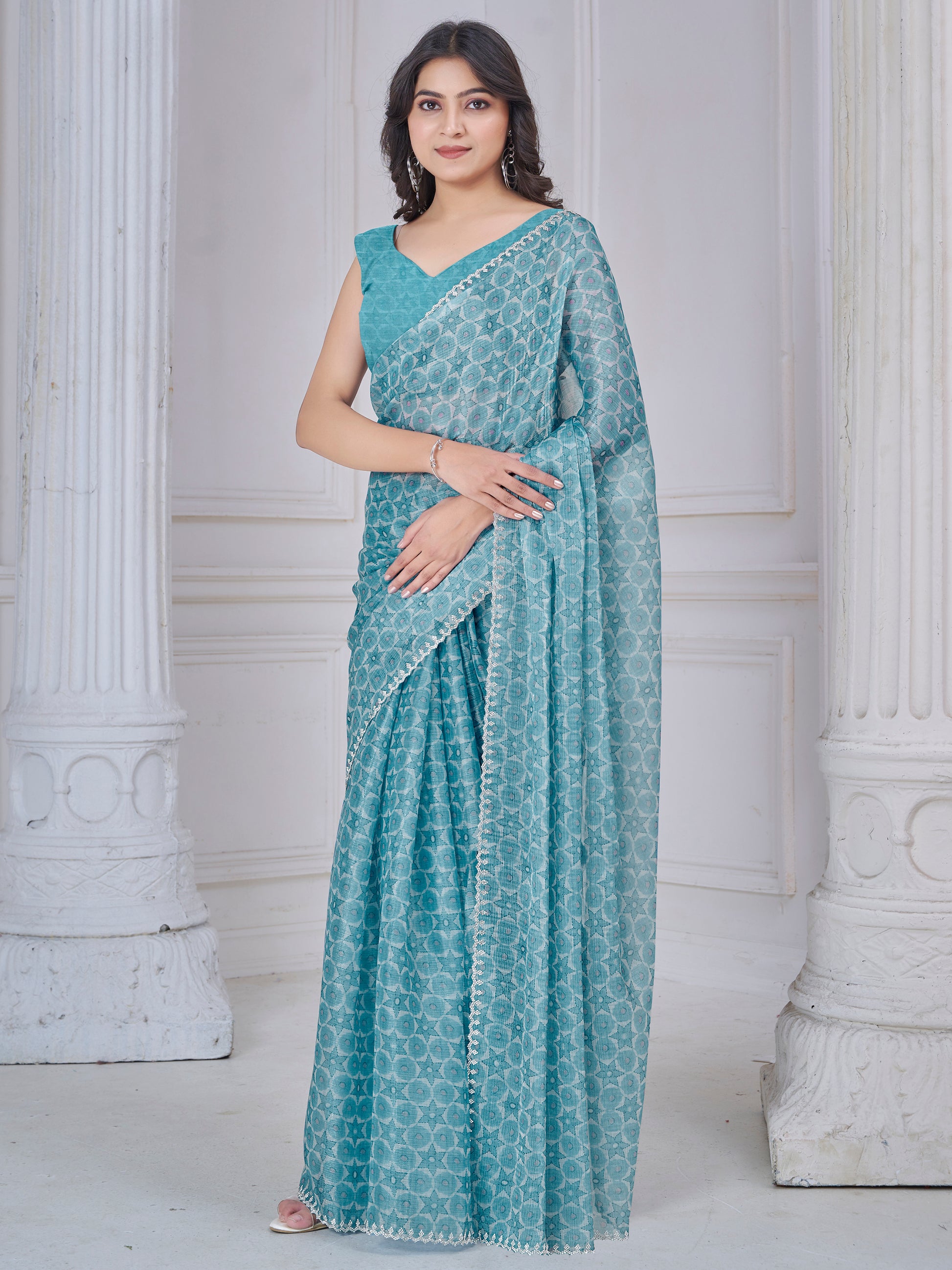 Charming Sky Blue Digital Printed Organza Silk Festive Wear Saree