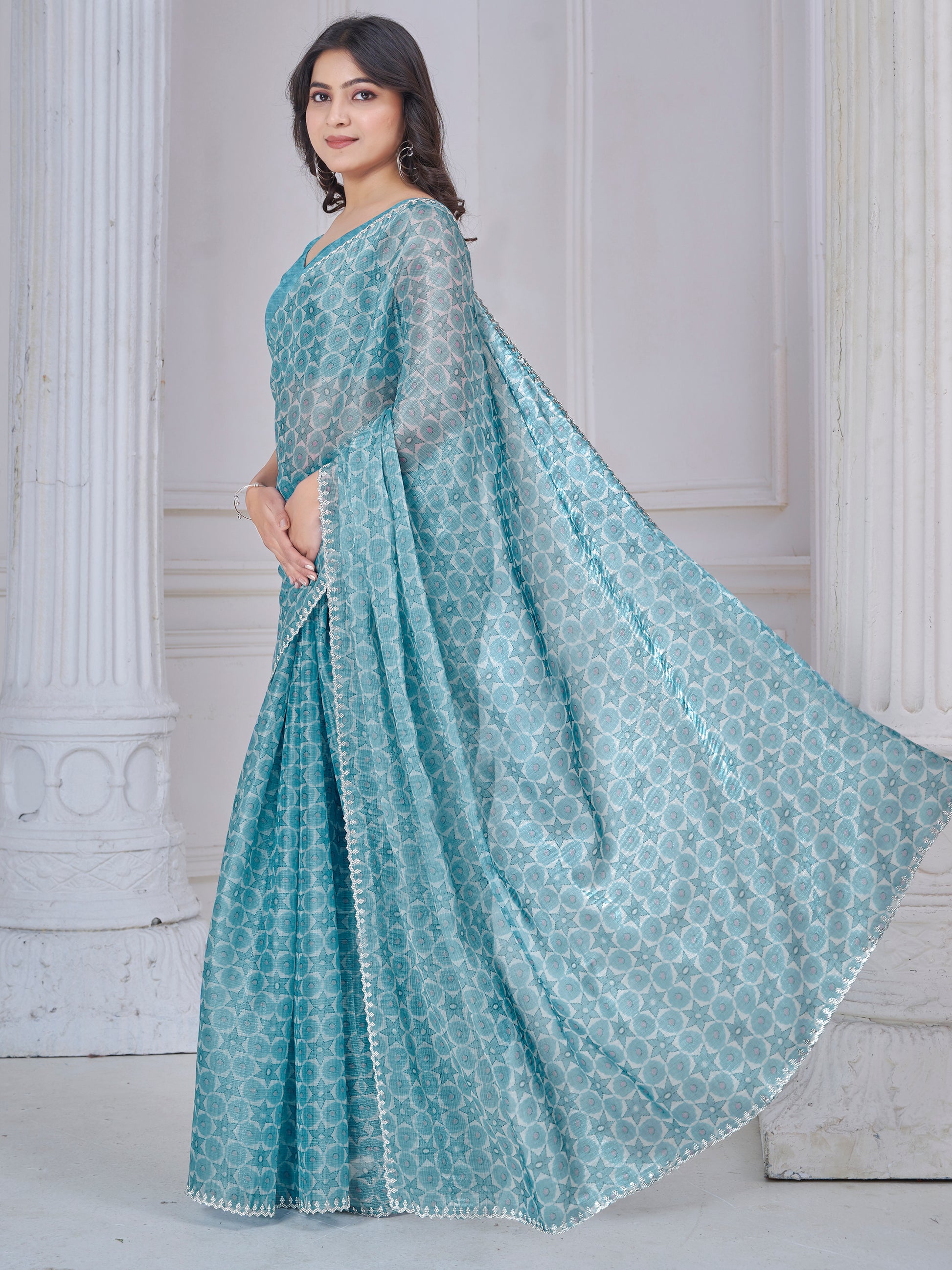 Charming Sky Blue Digital Printed Organza Silk Festive Wear Saree