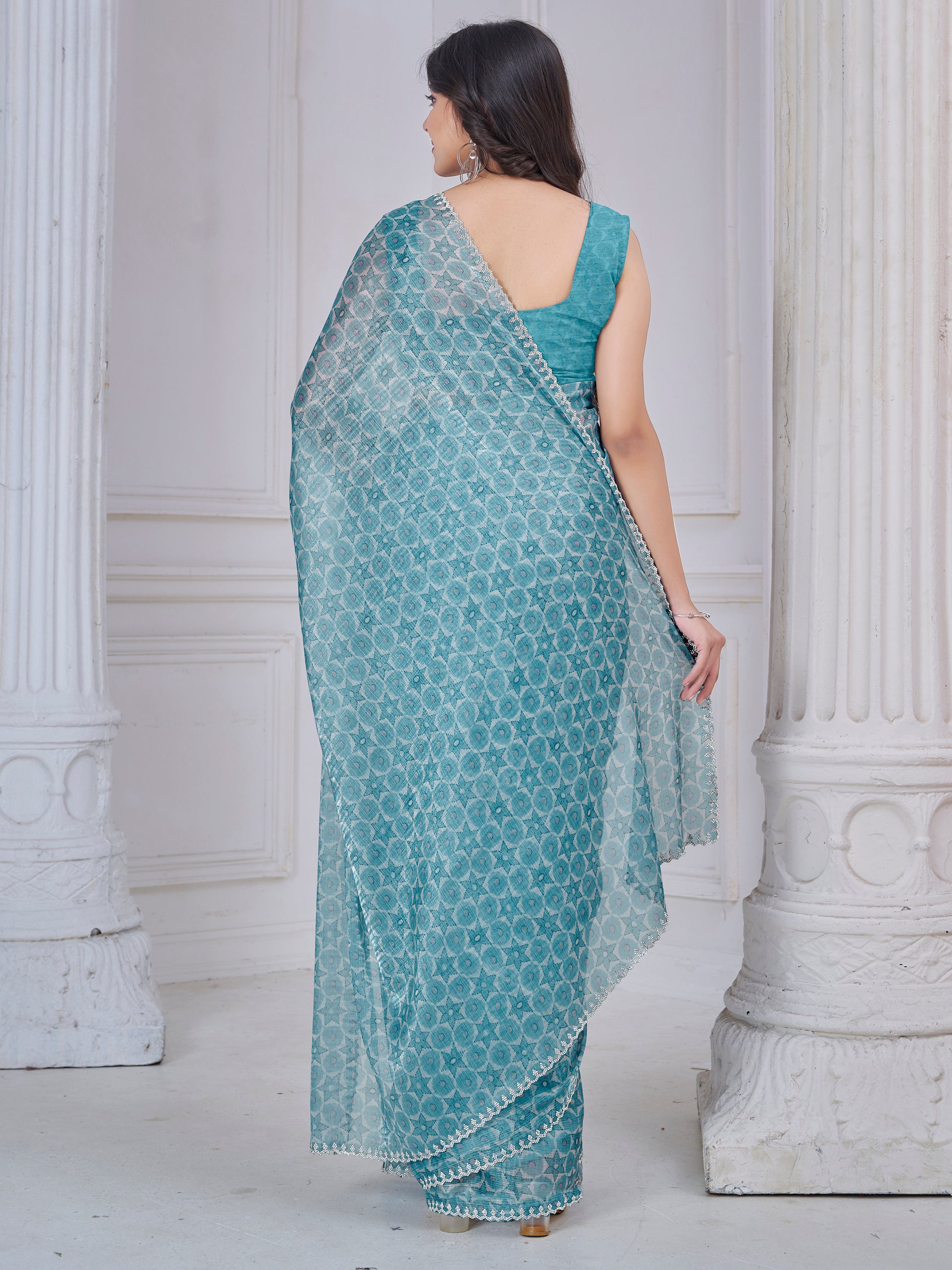 Charming Sky Blue Digital Printed Organza Silk Festive Wear Saree