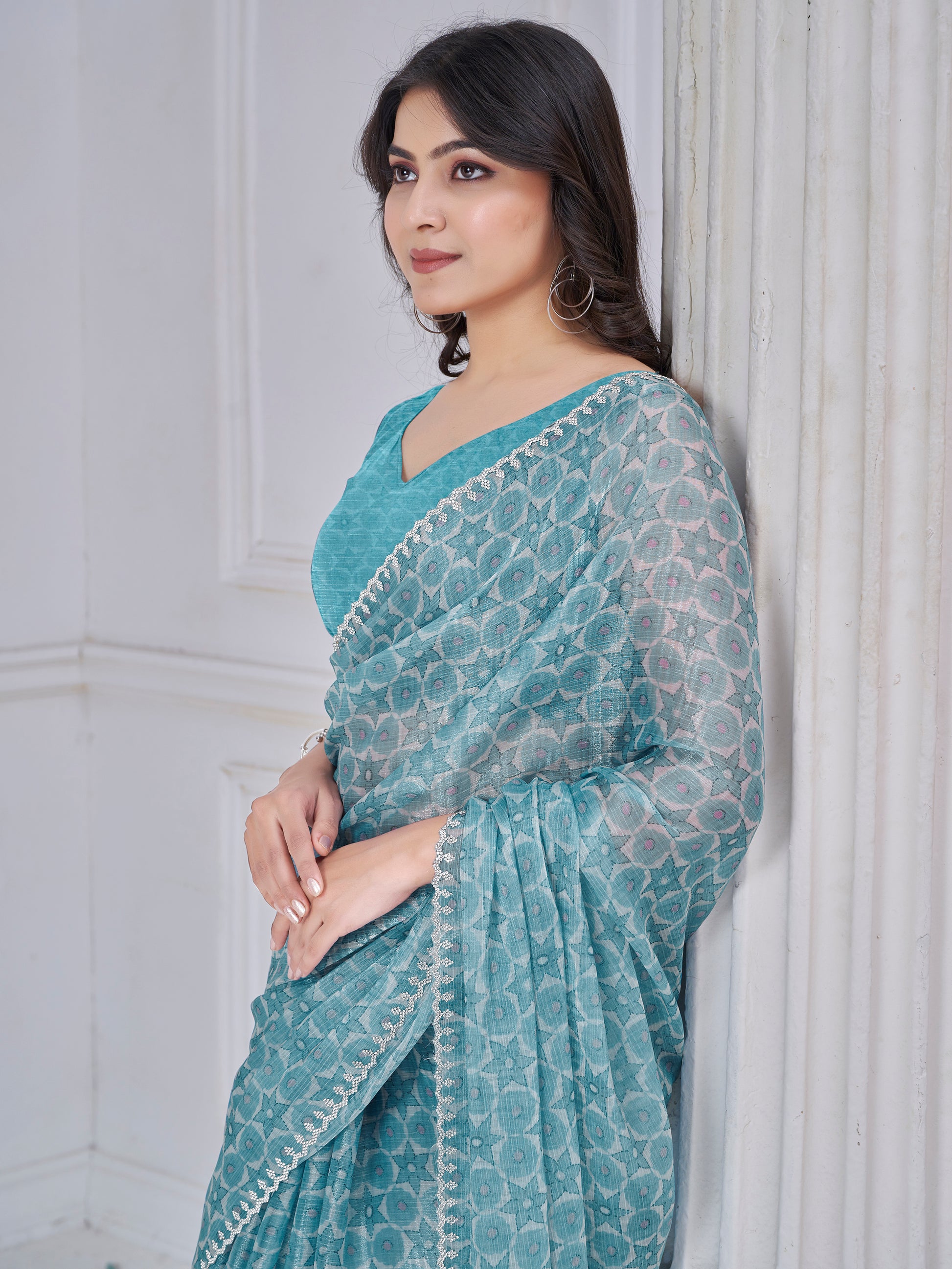 Charming Sky Blue Digital Printed Organza Silk Festive Wear Saree