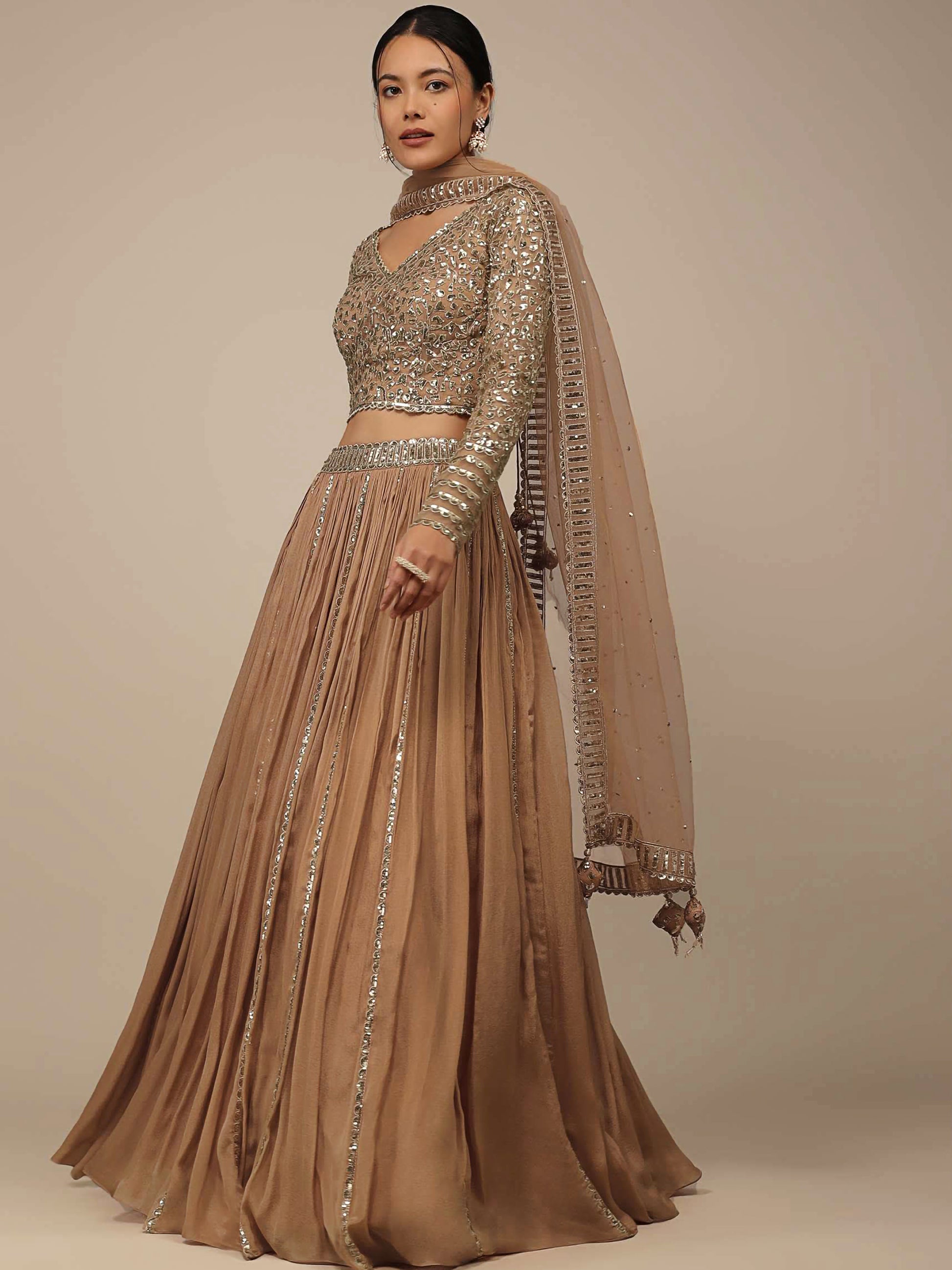 Enchanting Beige Sequins Georgette Engagement Wear Lehenga Choli
