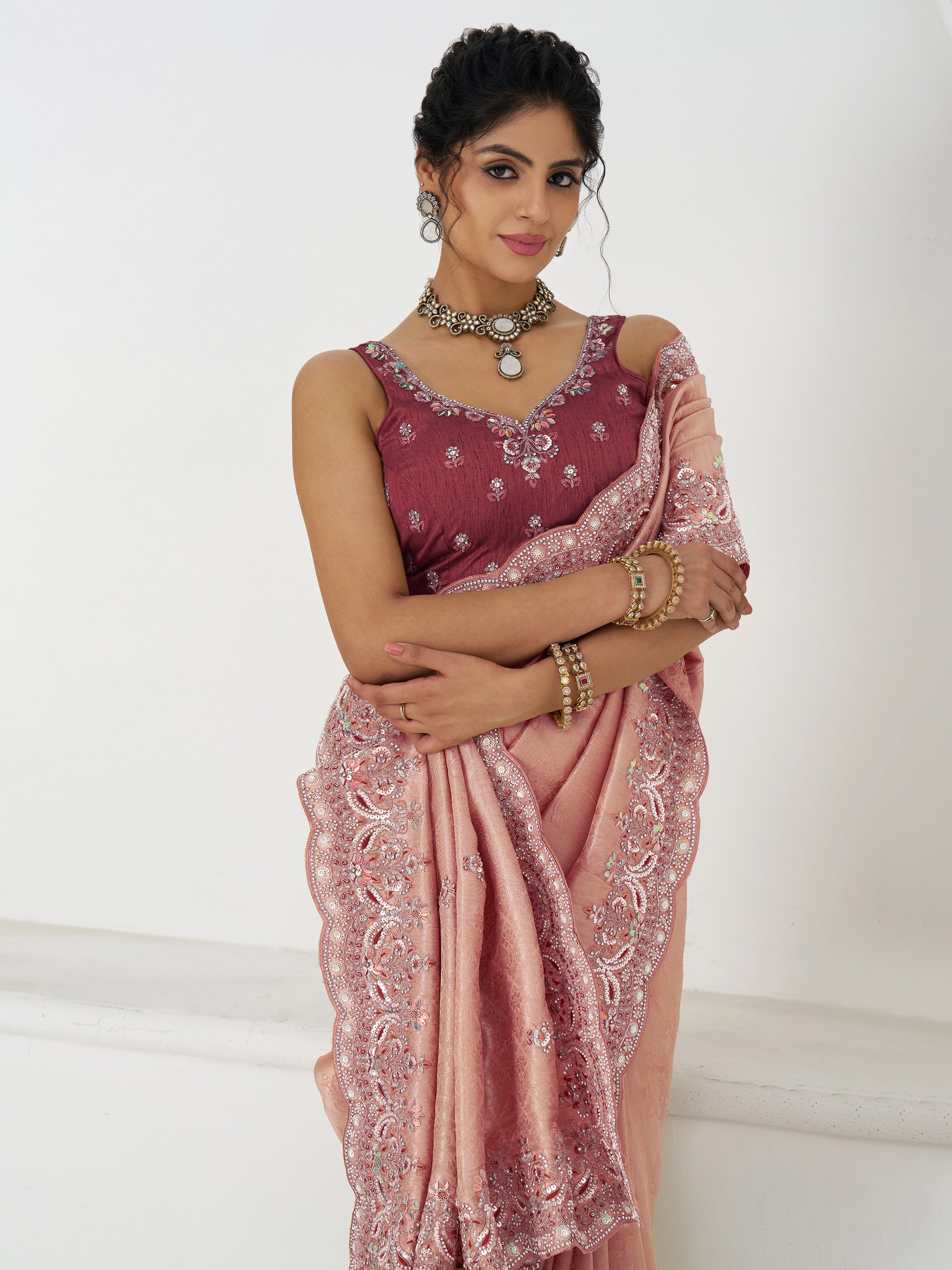 Enchanting Pink Dola Silk Sequins Wedding Saree With Blouse