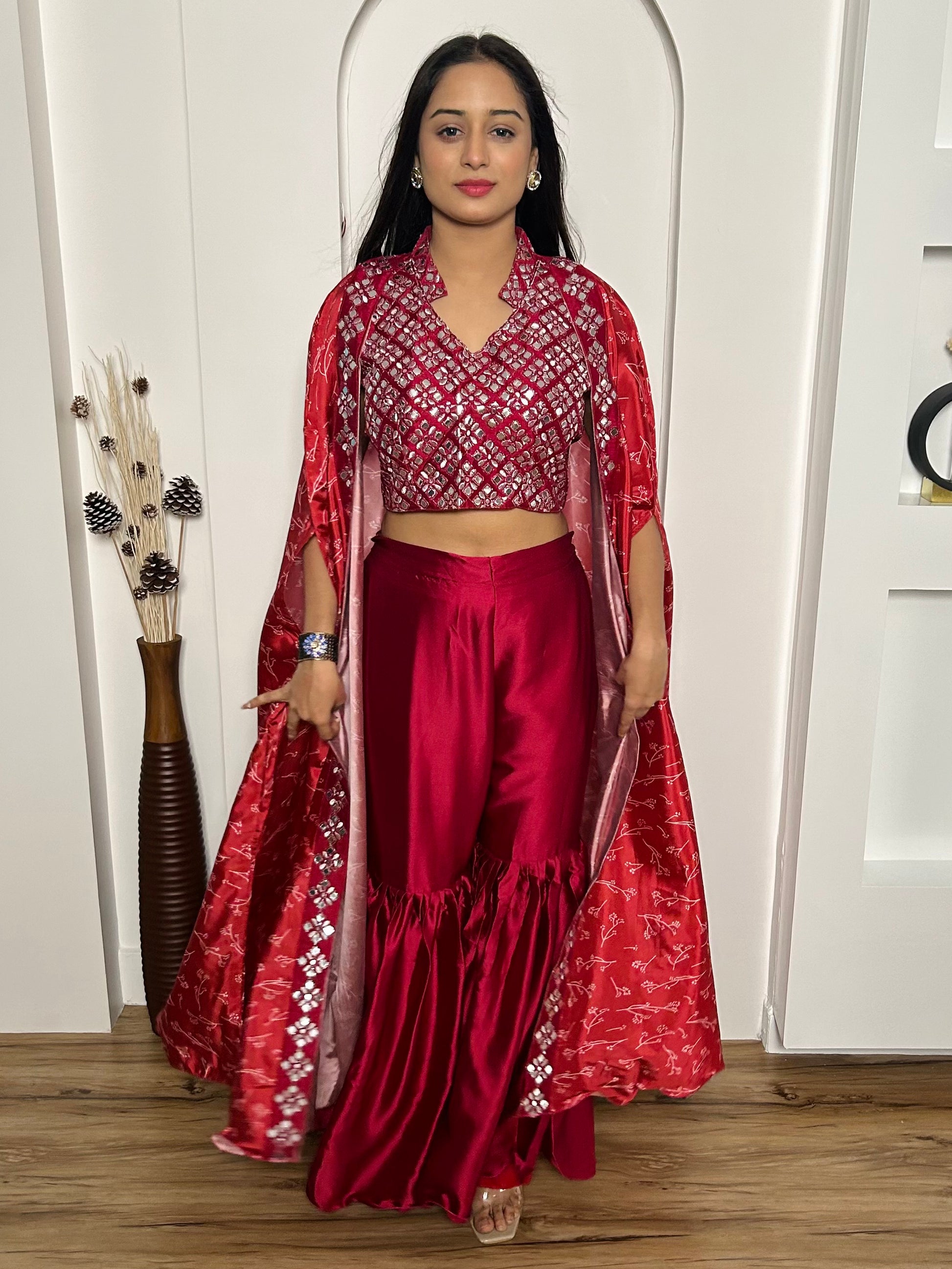 Wonderful Red Mirror Work Satin Crop-Top Sharara With Koti