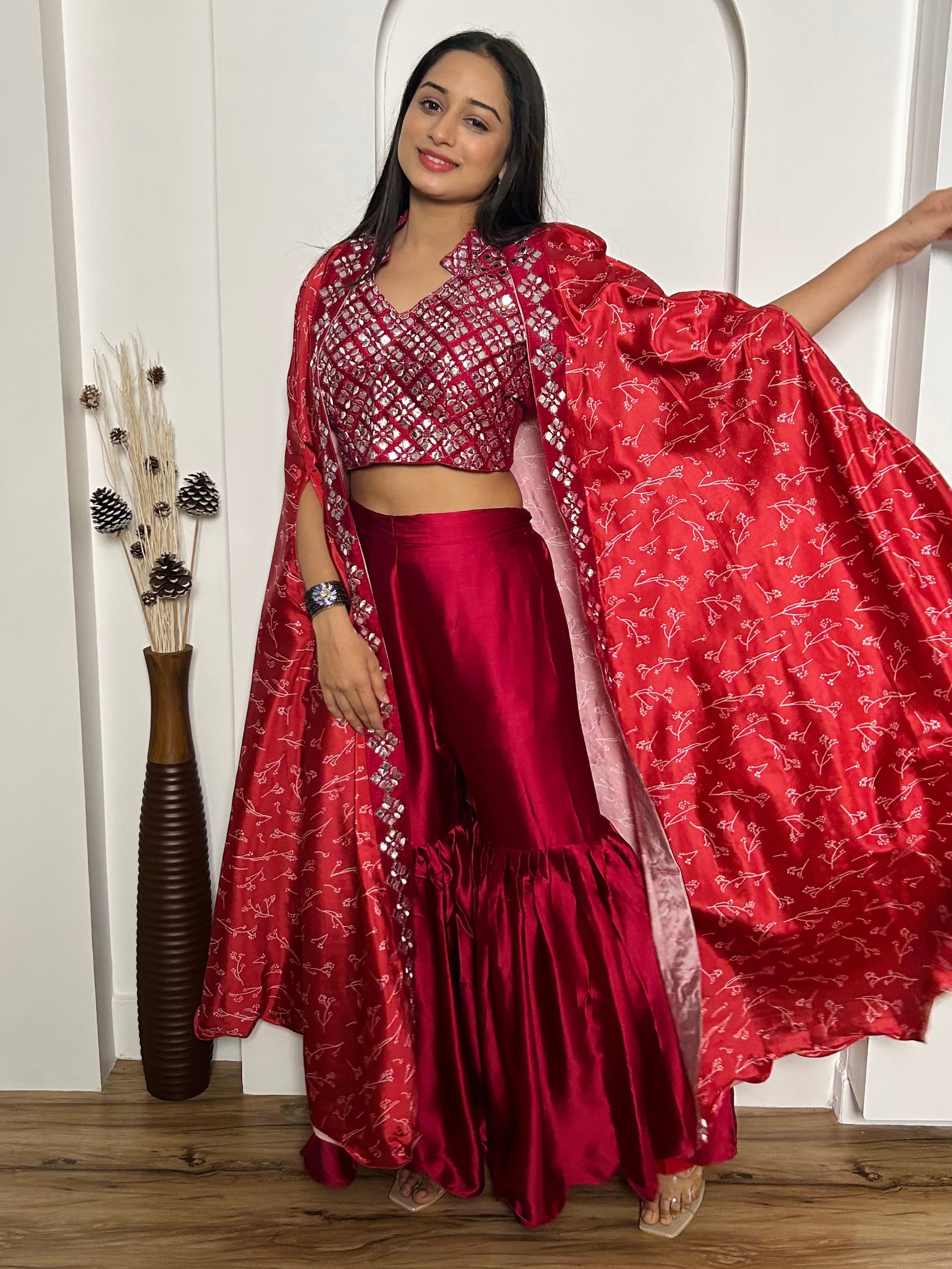 Wonderful Red Mirror Work Satin Crop-Top Sharara With Koti
