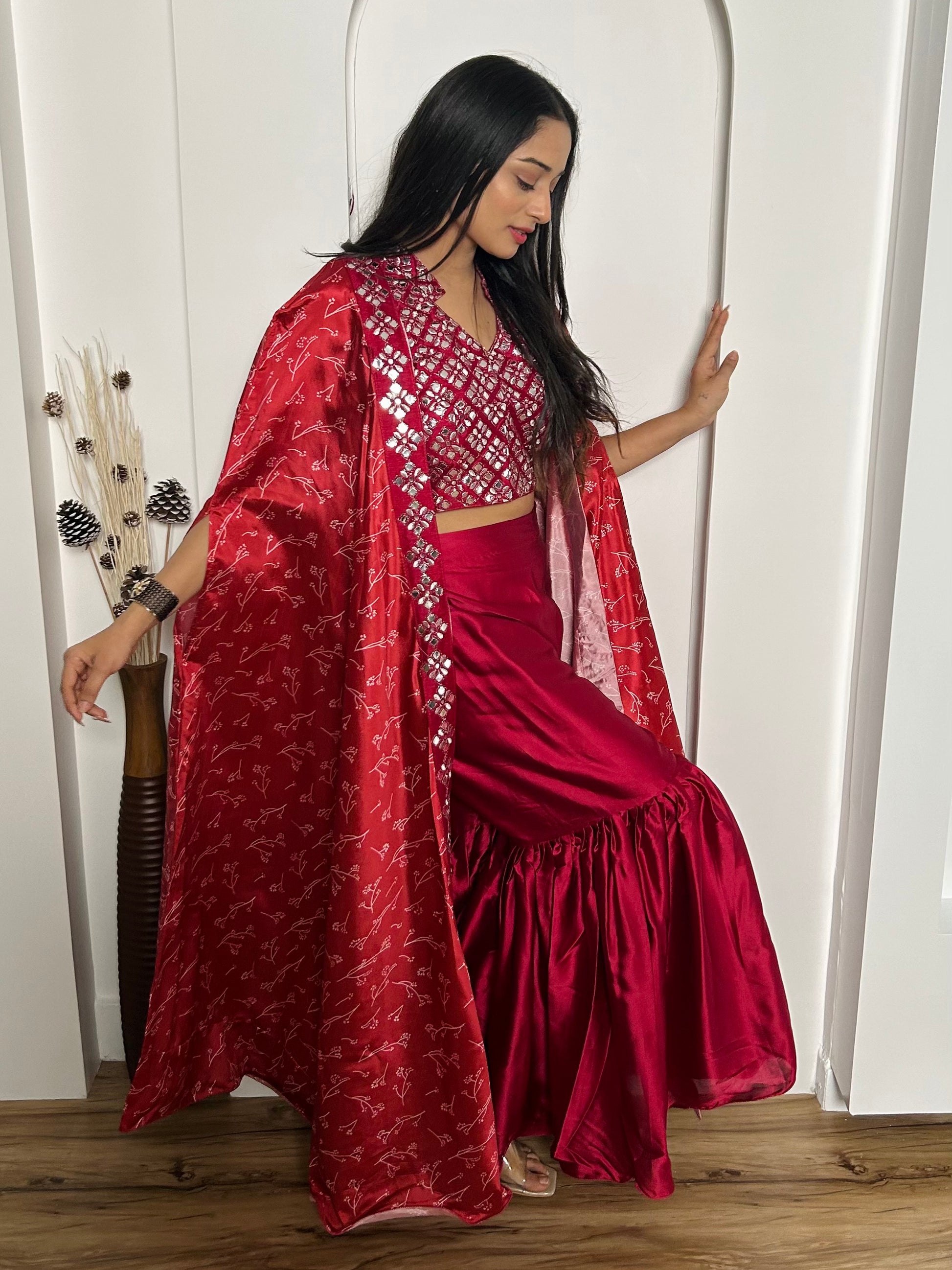 Wonderful Red Mirror Work Satin Crop-Top Sharara With Koti
