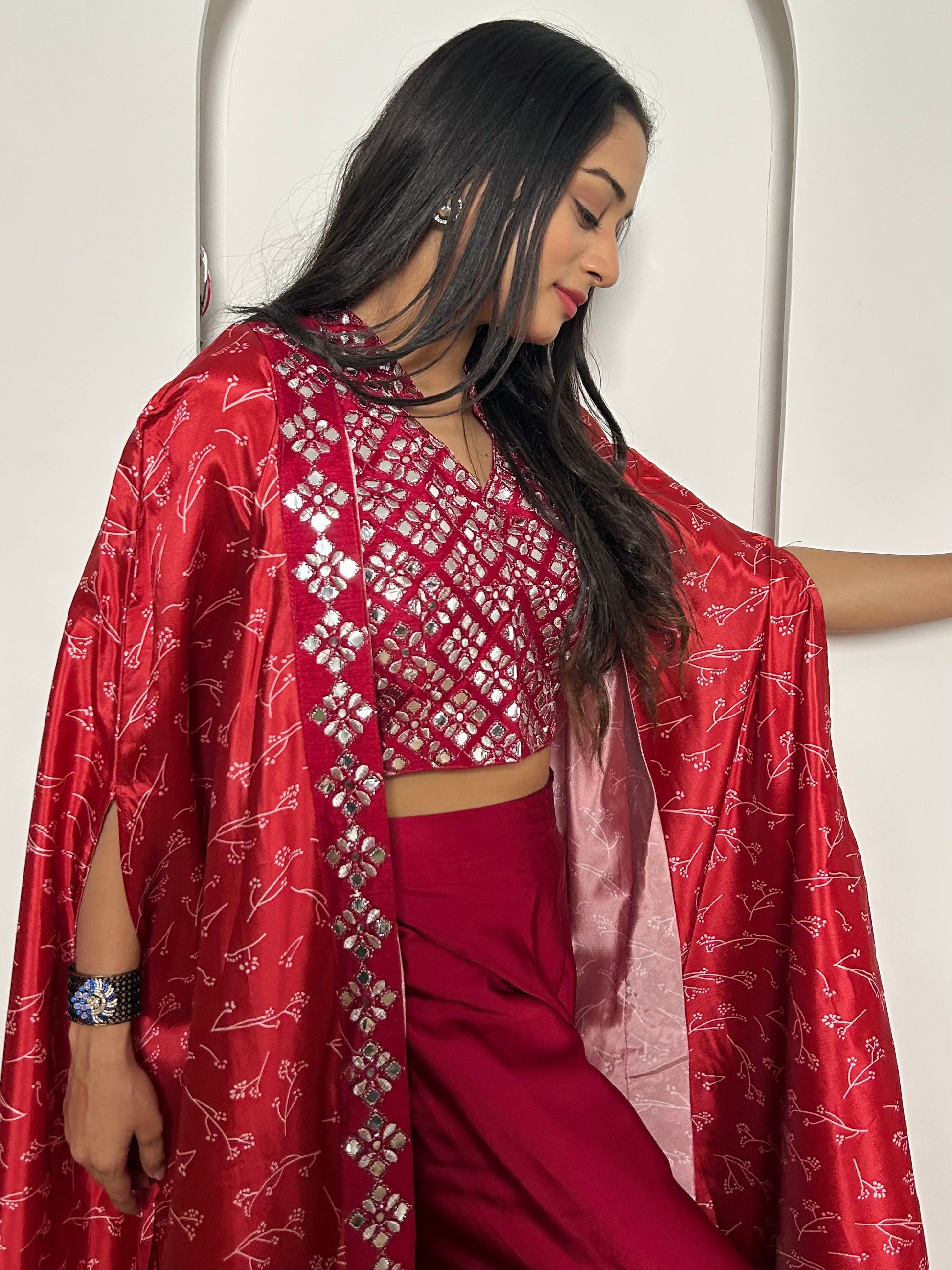 Wonderful Red Mirror Work Satin Crop-Top Sharara With Koti