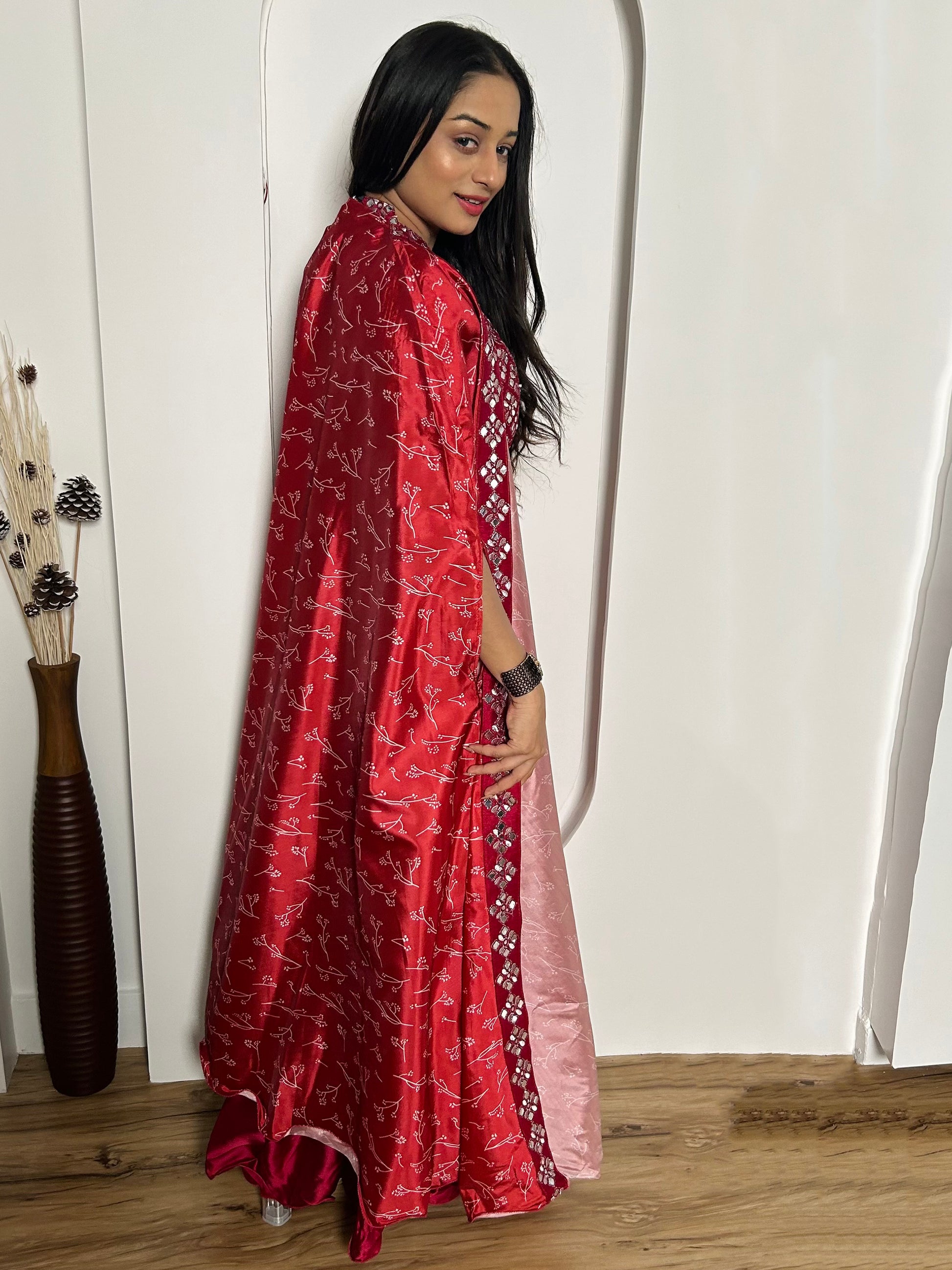 Wonderful Red Mirror Work Satin Crop-Top Sharara With Koti