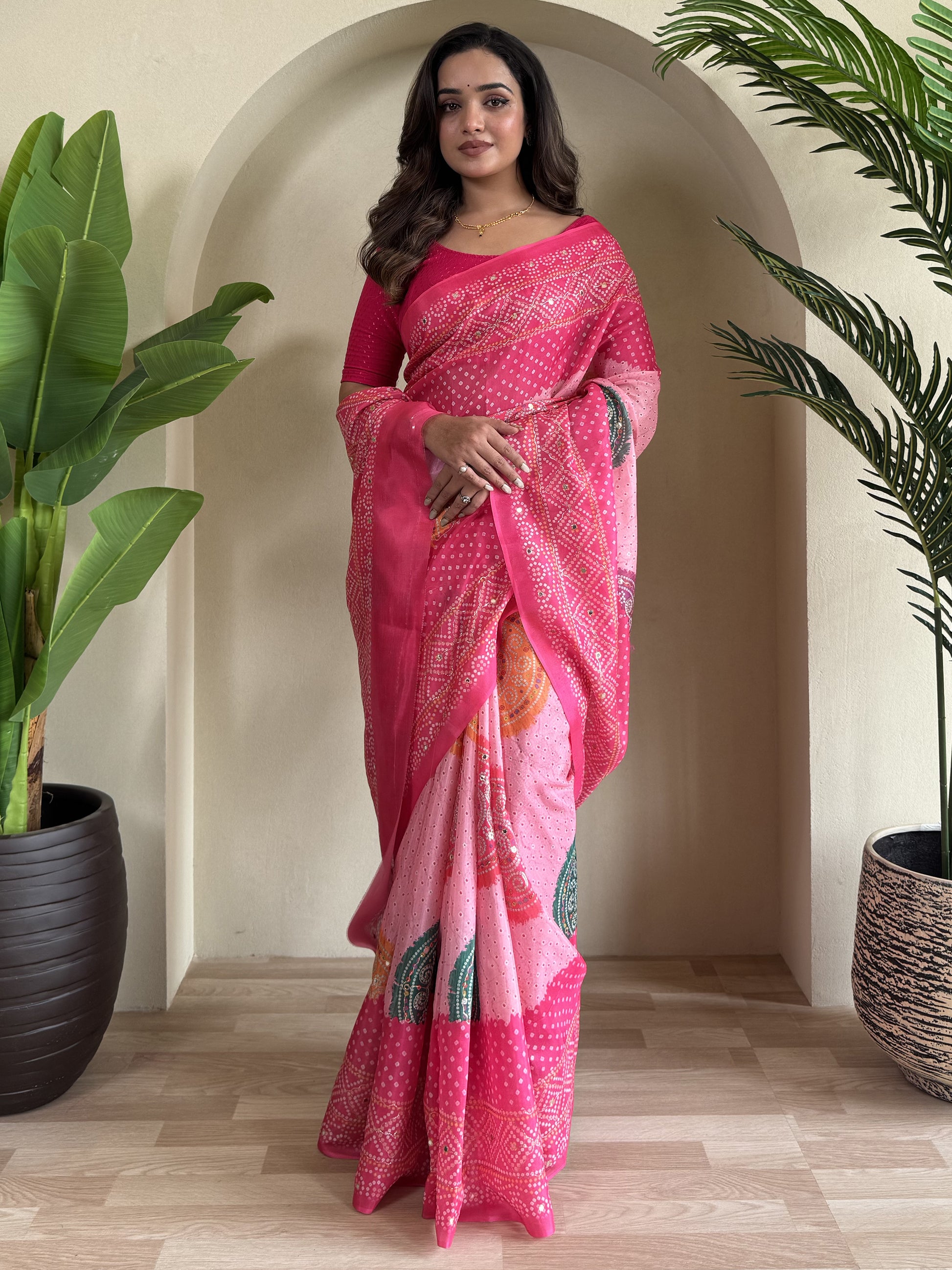 Lovely Pink Bandhni Printed Tissue Silk Casual Wear Saree With Blouse
