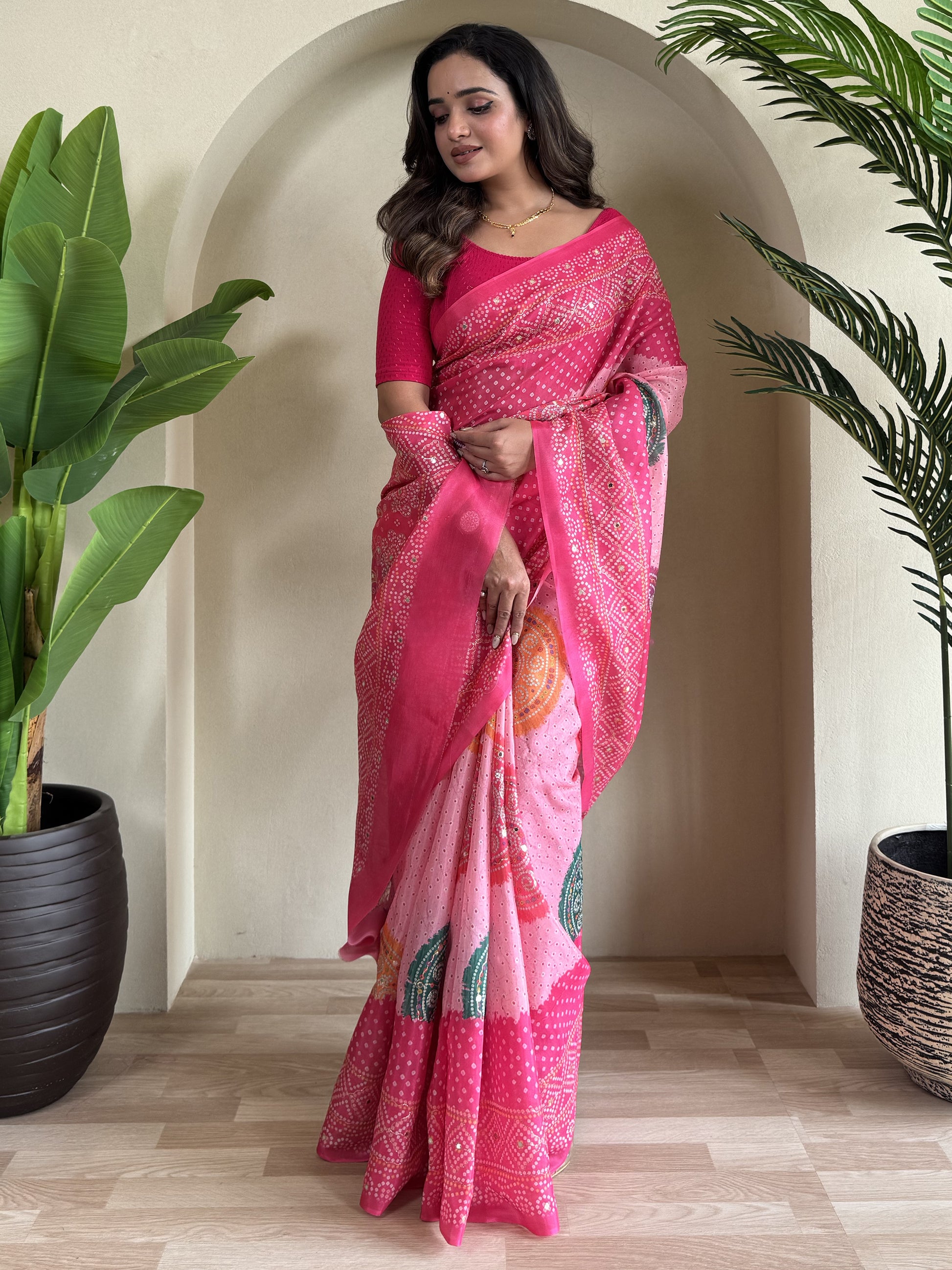 Lovely Pink Bandhni Printed Tissue Silk Casual Wear Saree With Blouse