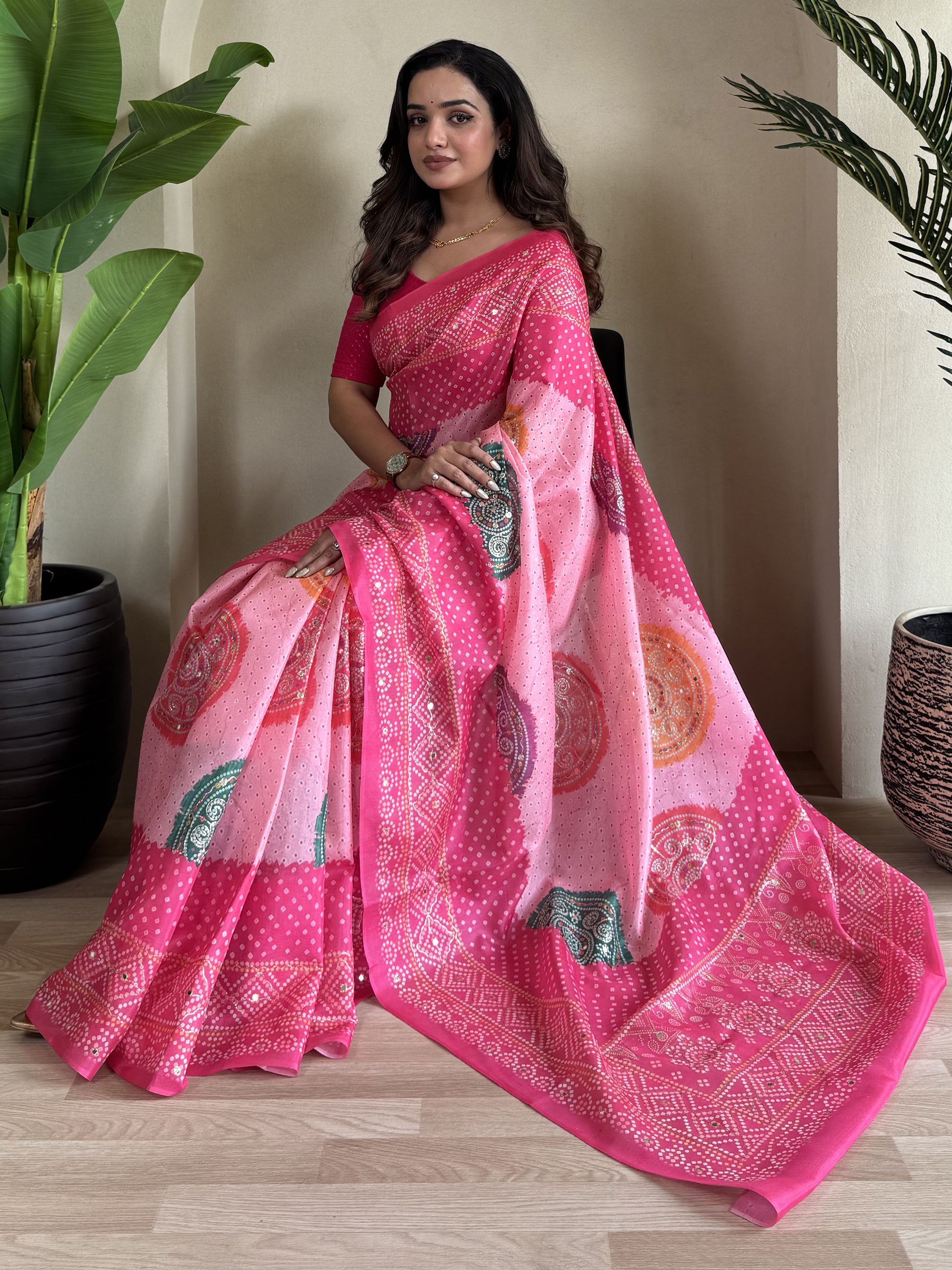 Lovely Pink Bandhni Printed Tissue Silk Casual Wear Saree With Blouse