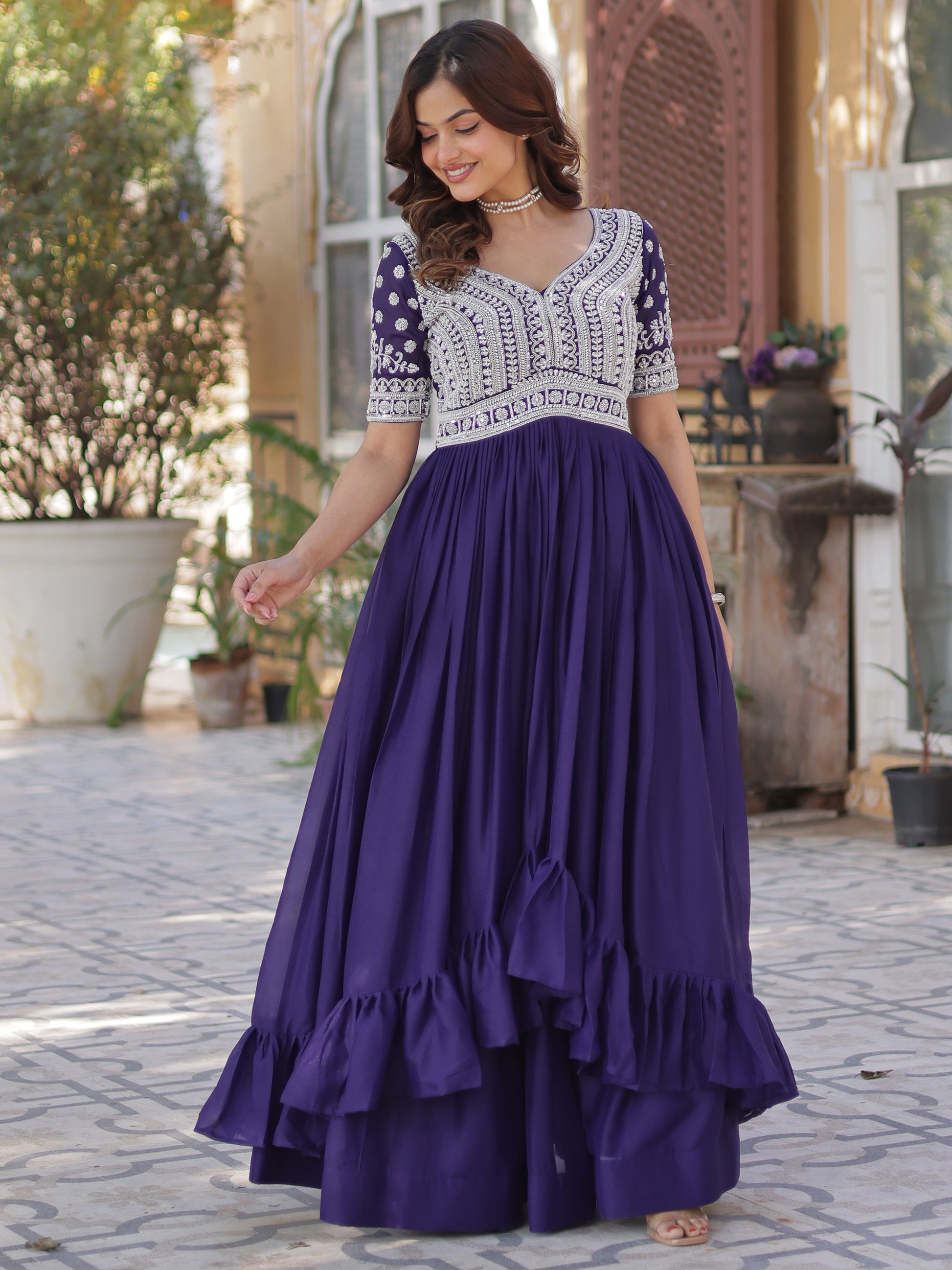 Fabulous Purple Peral Work Georgette Readymade Lehenga With Kurti
