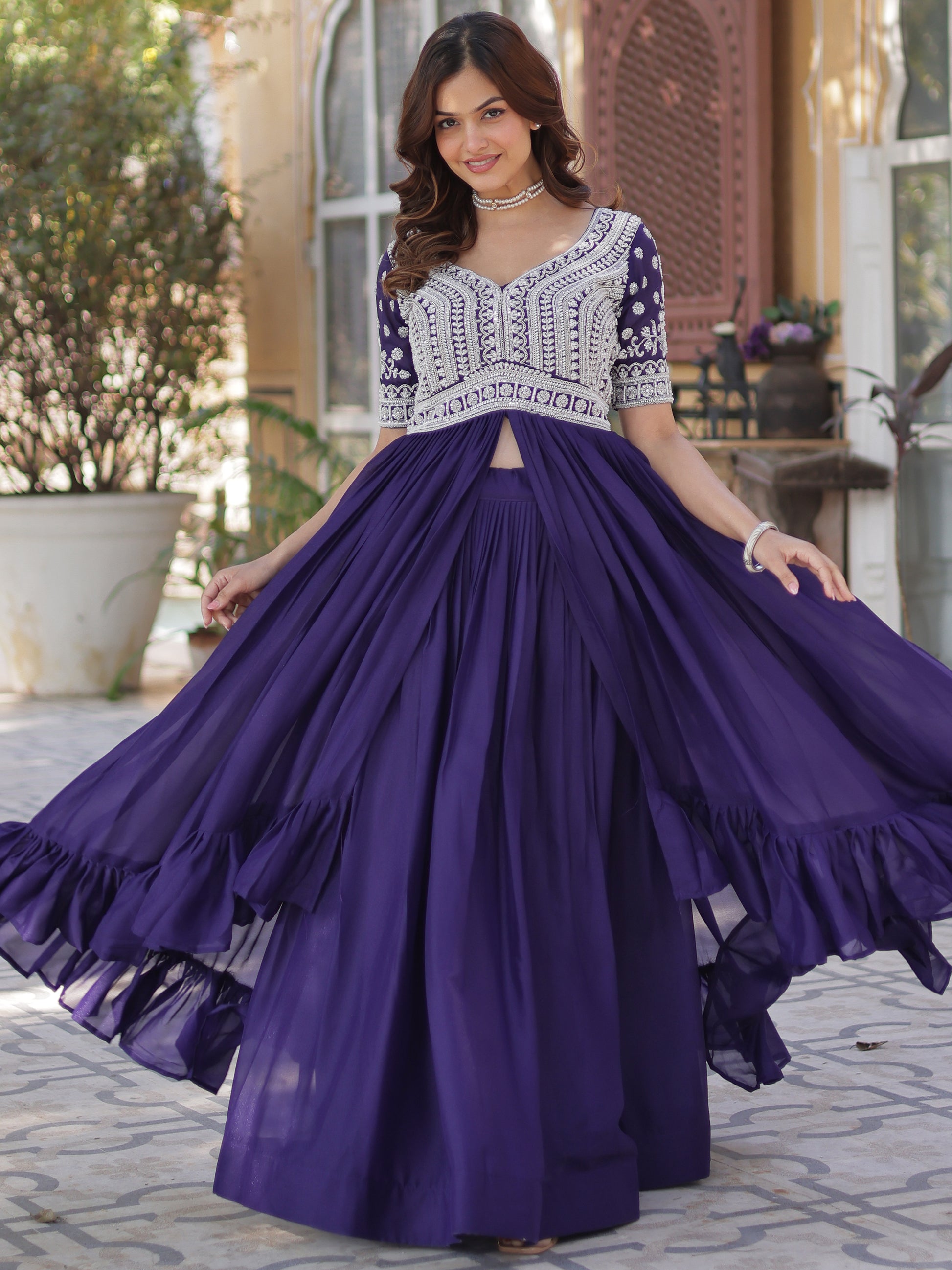 Fabulous Purple Peral Work Georgette Readymade Lehenga With Kurti