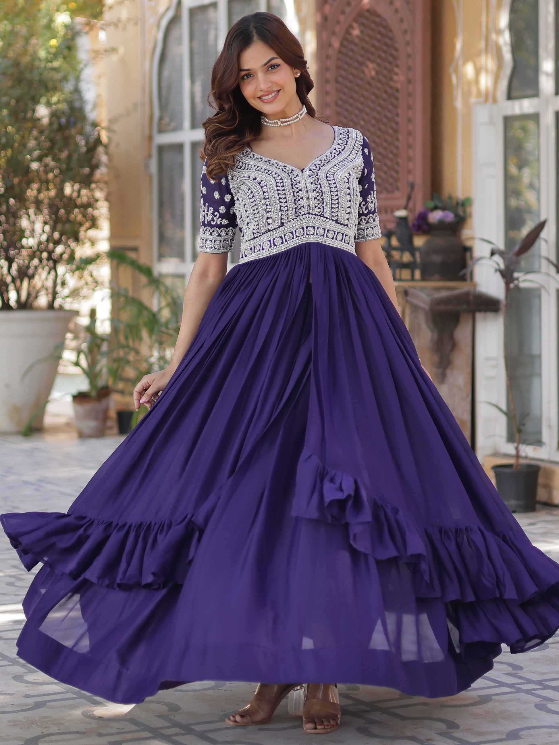 Fabulous Purple Peral Work Georgette Readymade Lehenga With Kurti