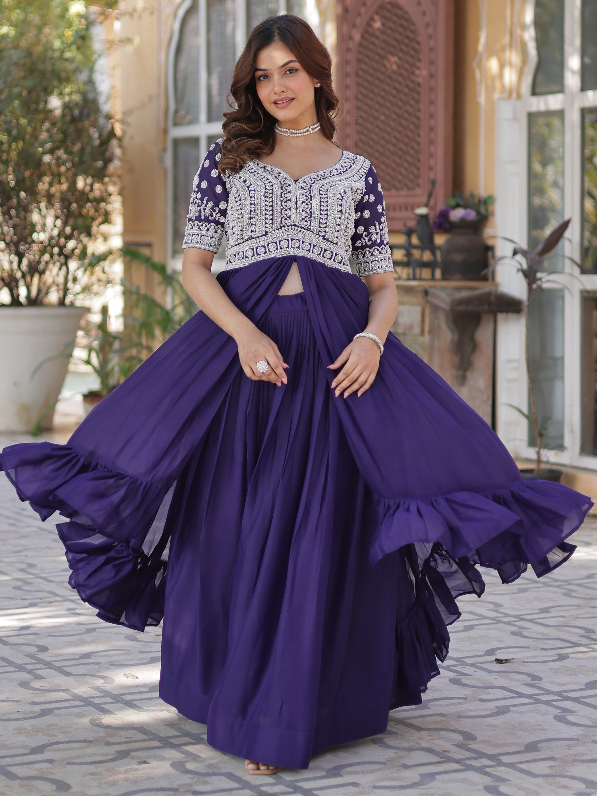 Fabulous Purple Peral Work Georgette Readymade Lehenga With Kurti