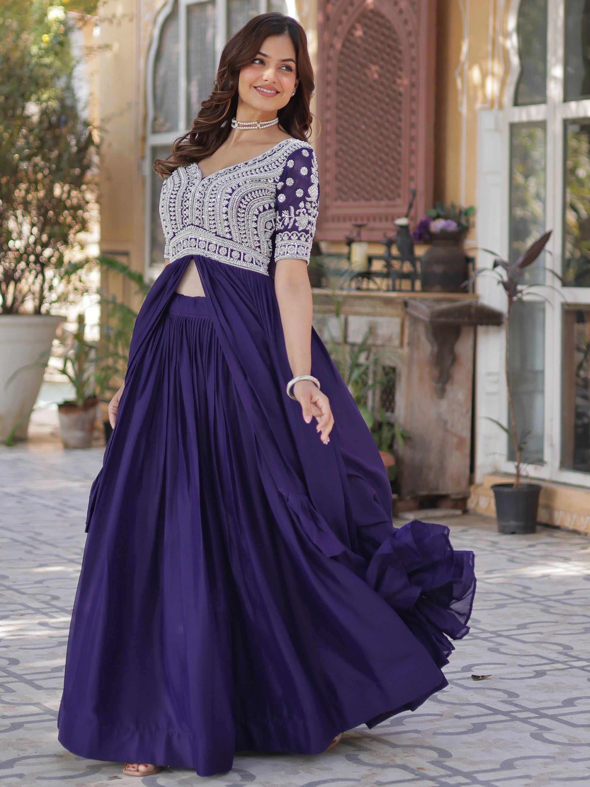 Fabulous Purple Peral Work Georgette Readymade Lehenga With Kurti