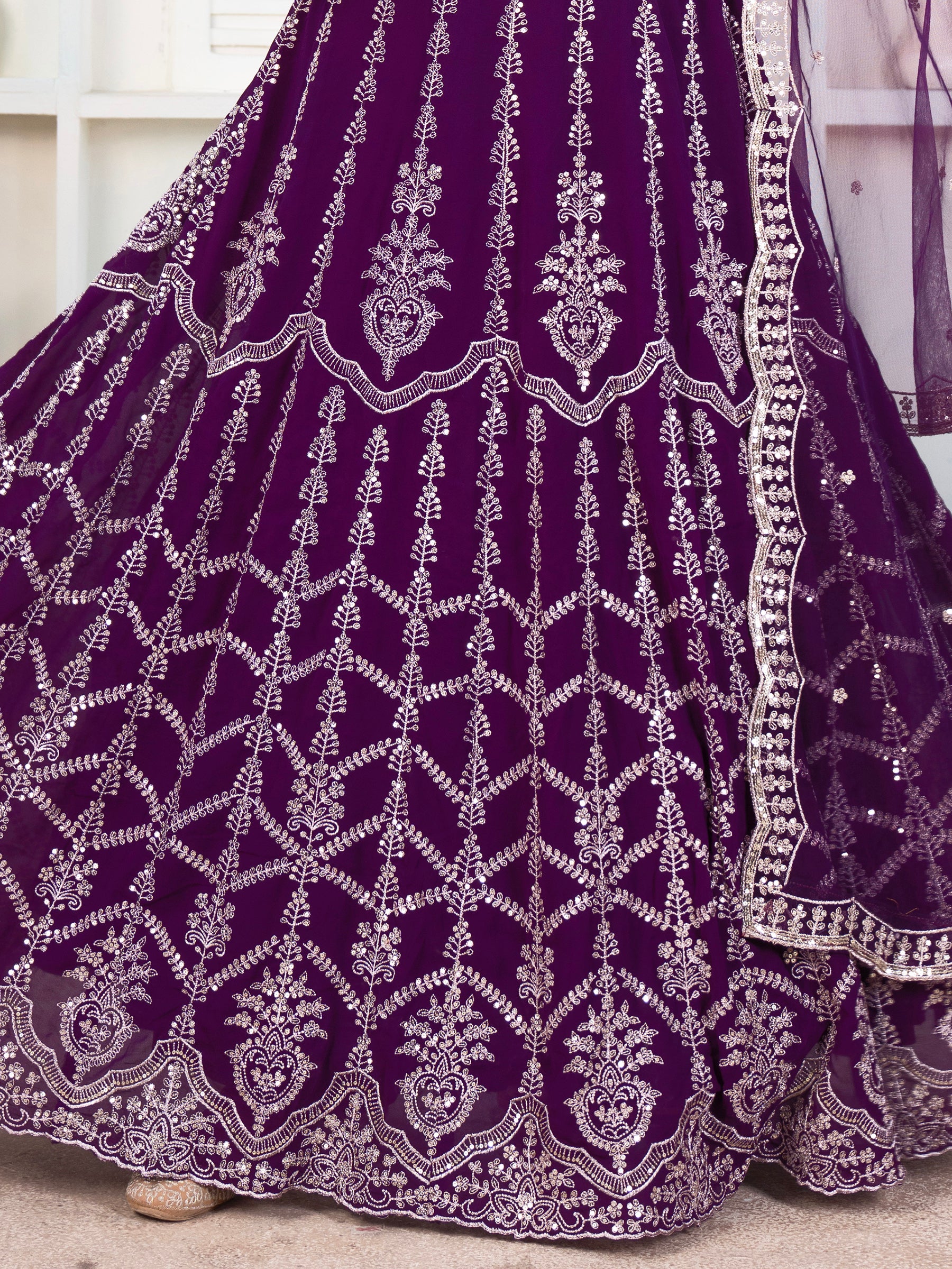 Fantastic Purple Sequins Georgette Wedding Lehenga Choli With Dupatta