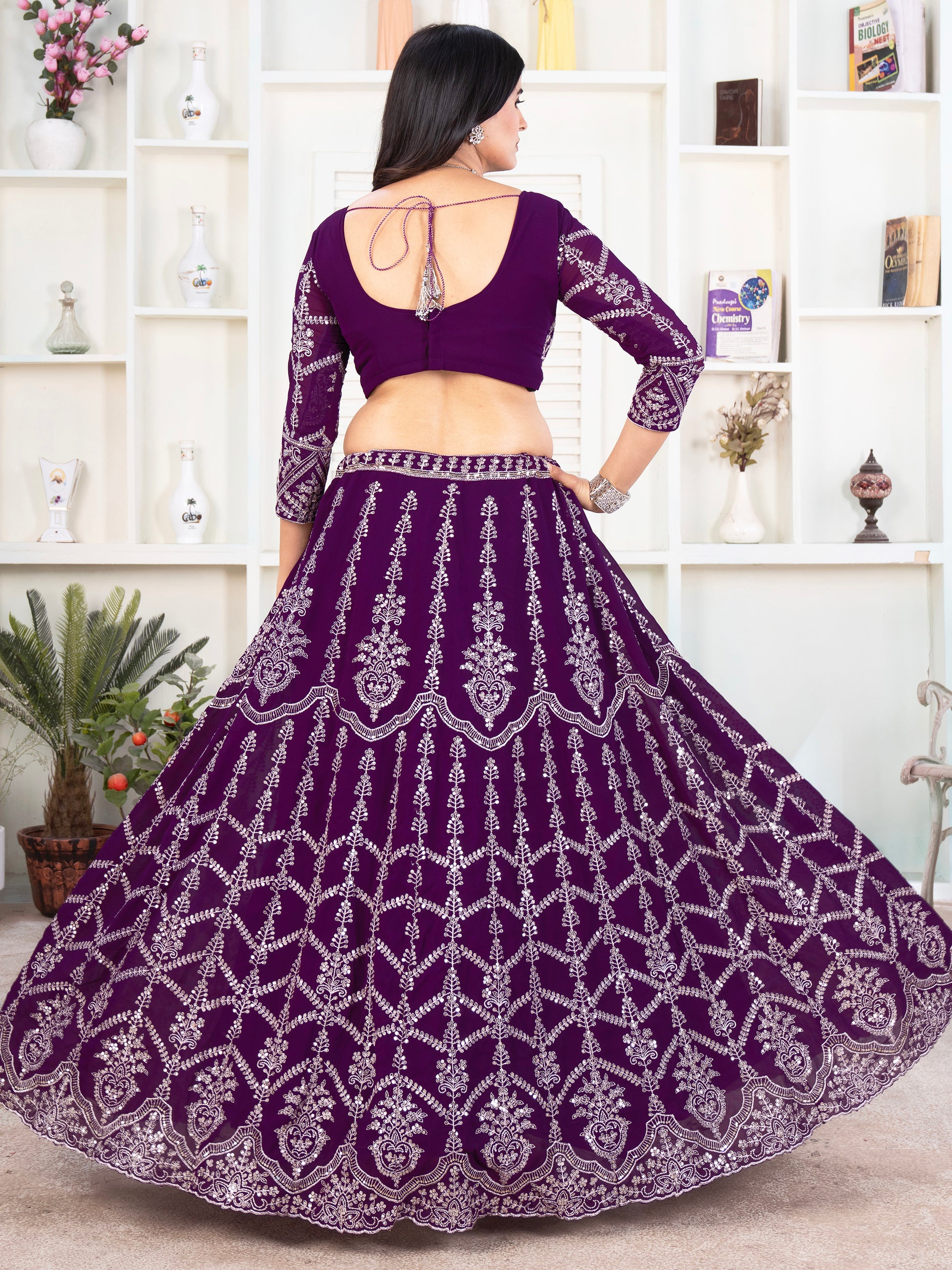 Fantastic Purple Sequins Georgette Wedding Lehenga Choli With Dupatta