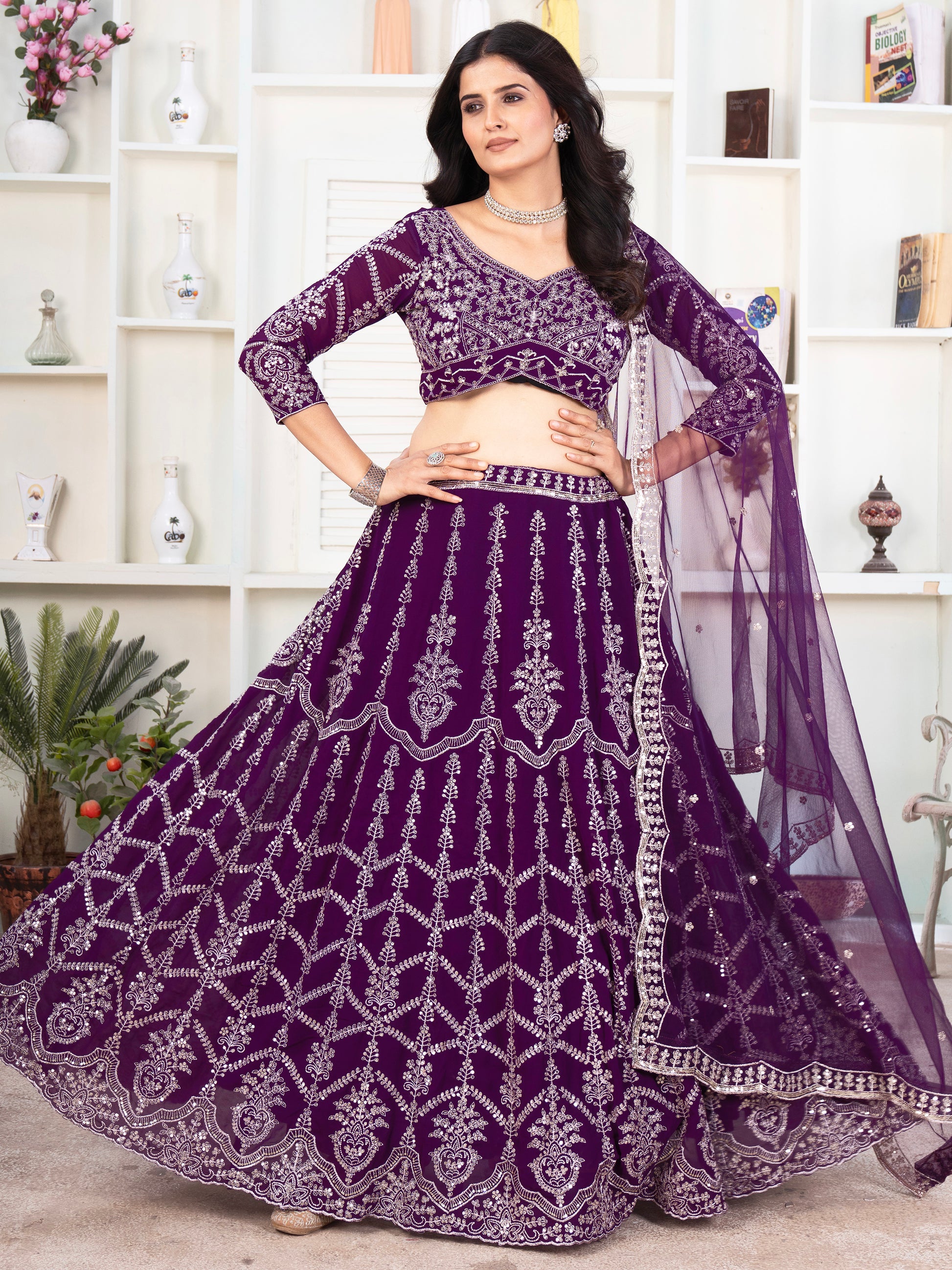 Fantastic Purple Sequins Georgette Wedding Lehenga Choli With Dupatta