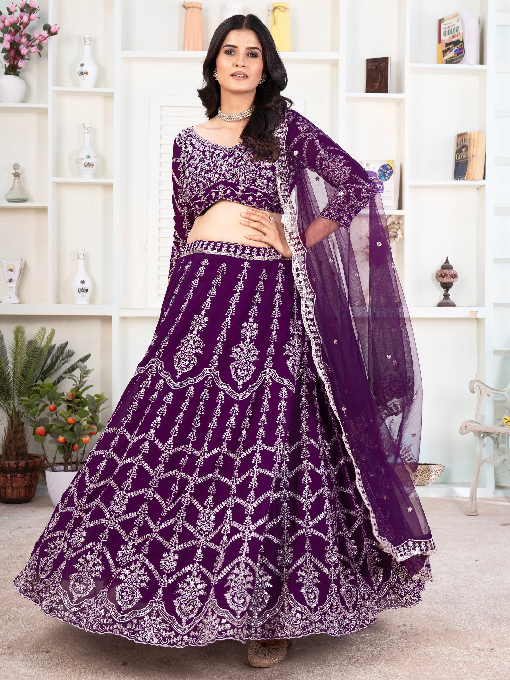 Fantastic Purple Sequins Georgette Wedding Lehenga Choli With Dupatta
