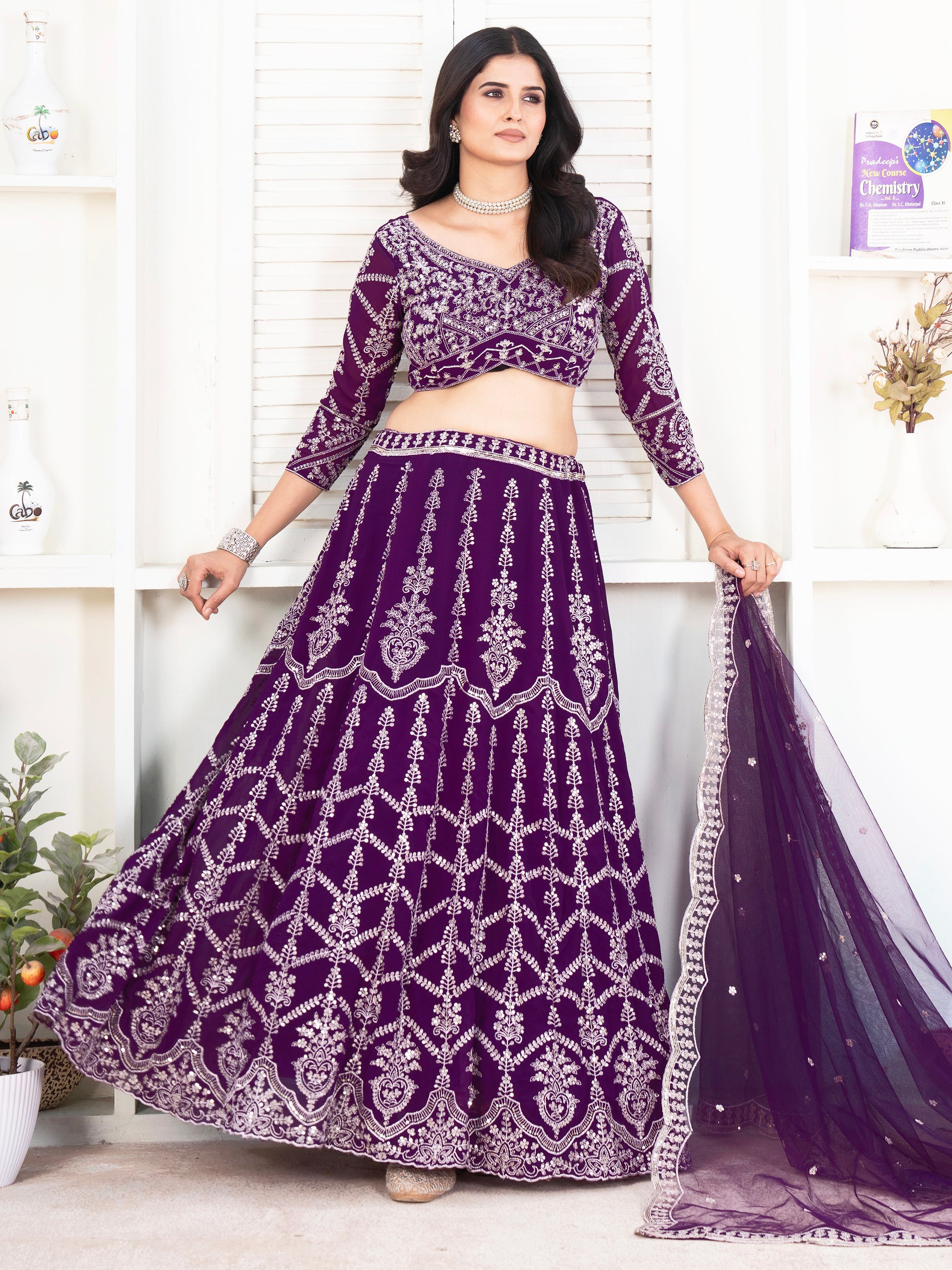 Fantastic Purple Sequins Georgette Wedding Lehenga Choli With Dupatta