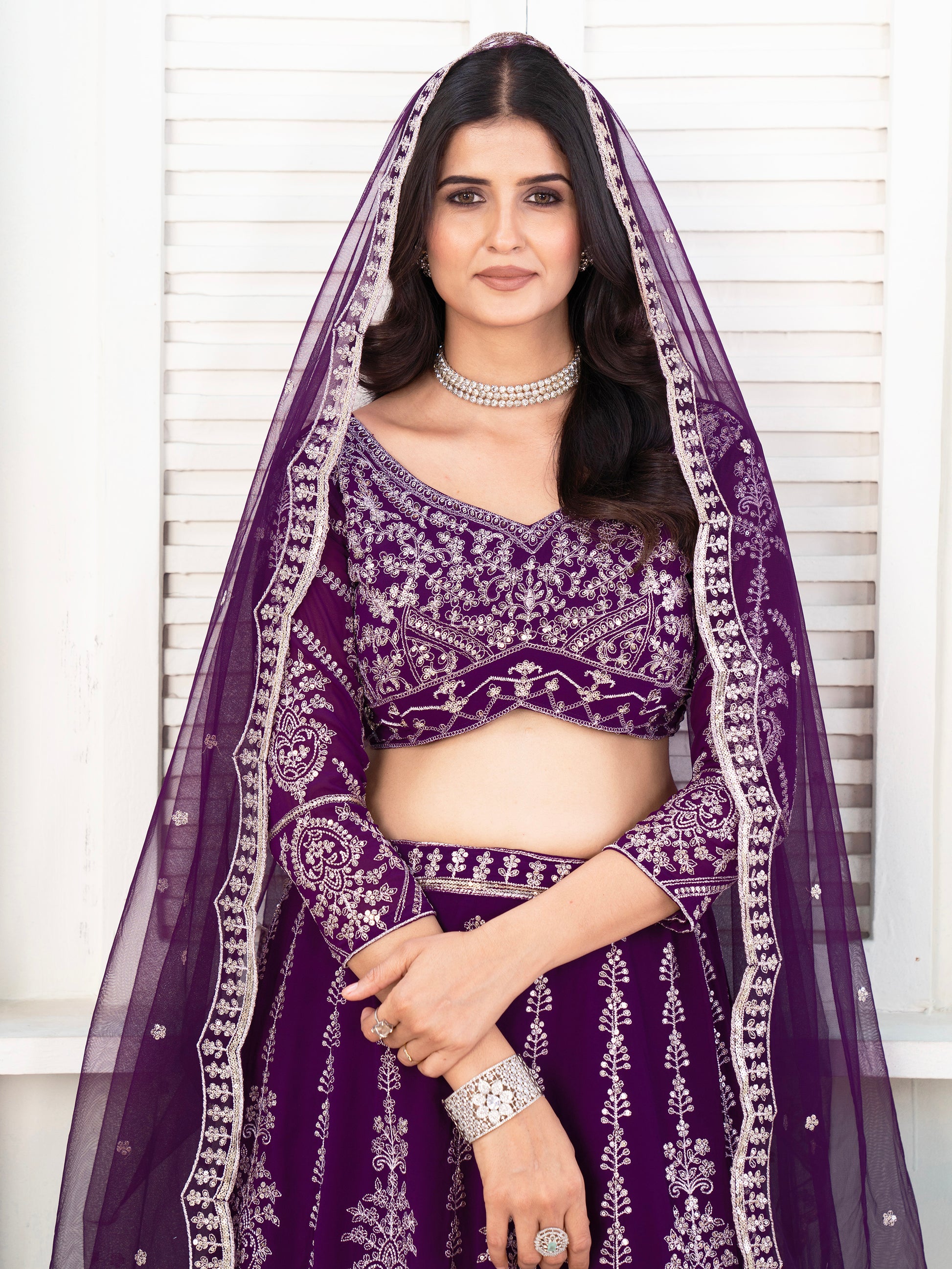 Fantastic Purple Sequins Georgette Wedding Lehenga Choli With Dupatta