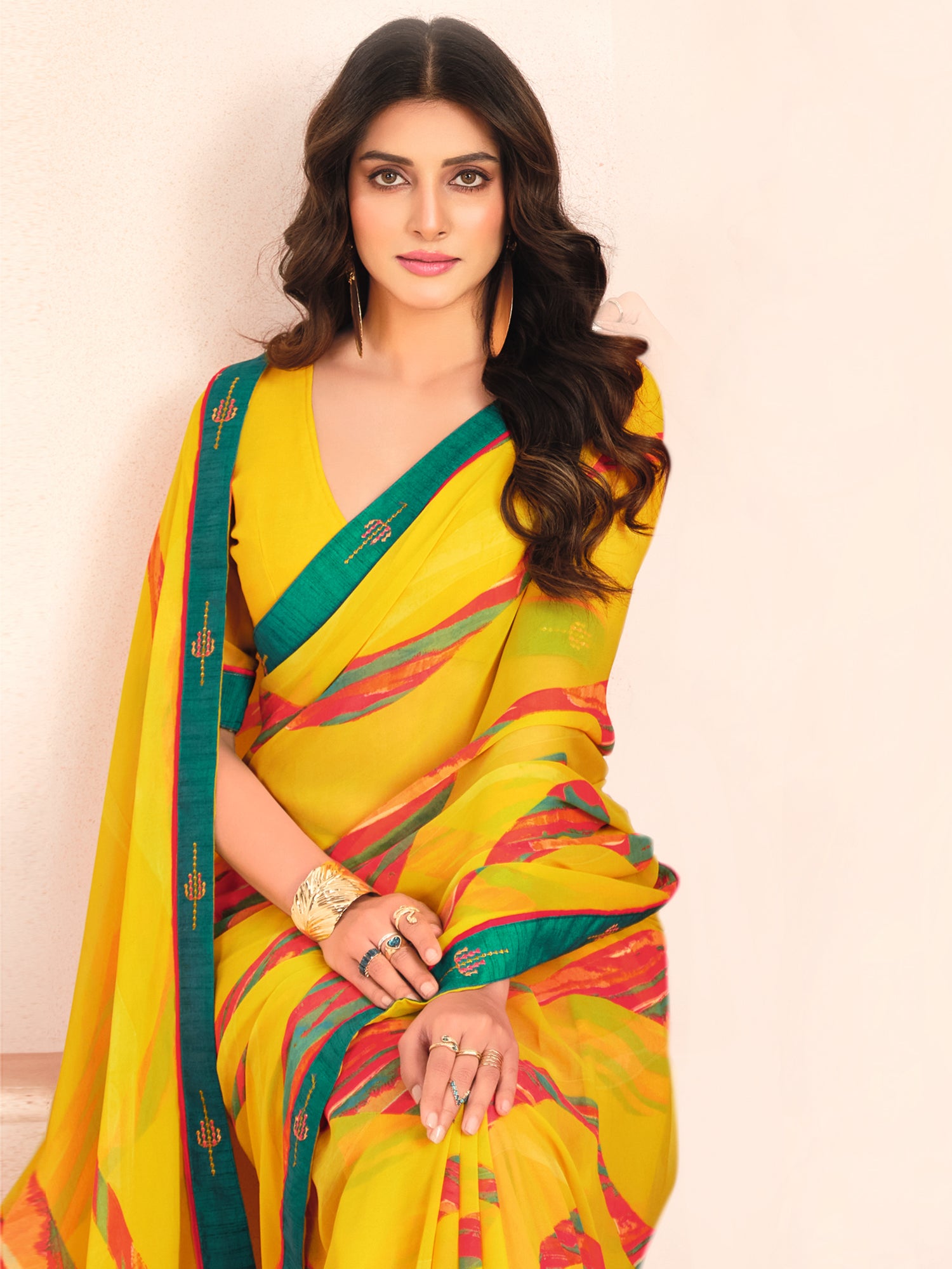 Enchanting Yellow Digital Printed Georgette Traditional Saree With Blouse