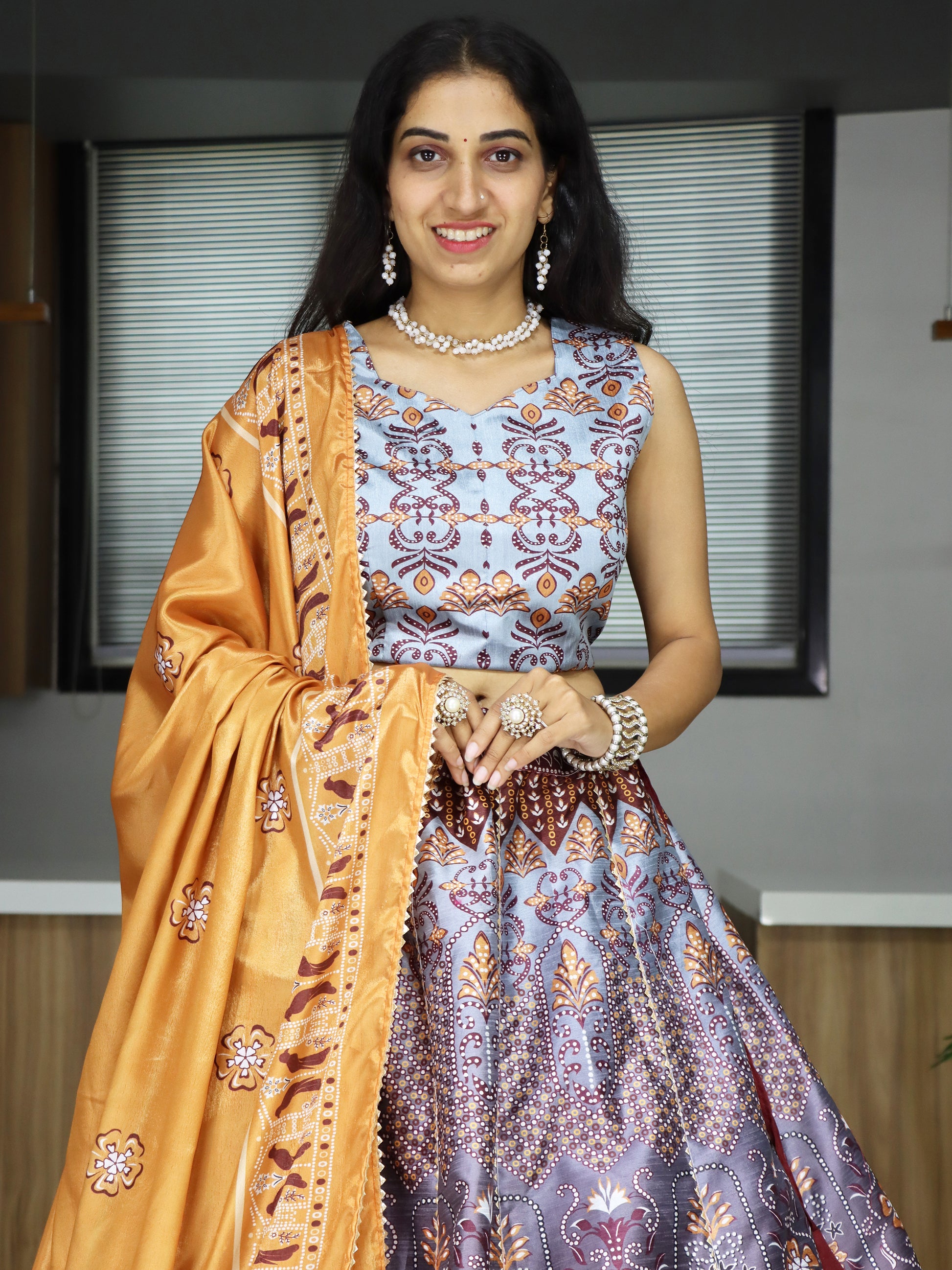Beautiful Grey Digital Printed Art Silk Traditional Lehenga Choli