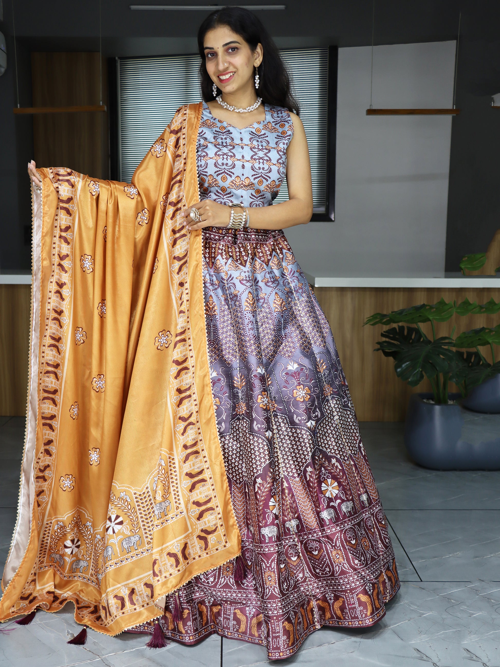 Beautiful Grey Digital Printed Art Silk Traditional Lehenga Choli