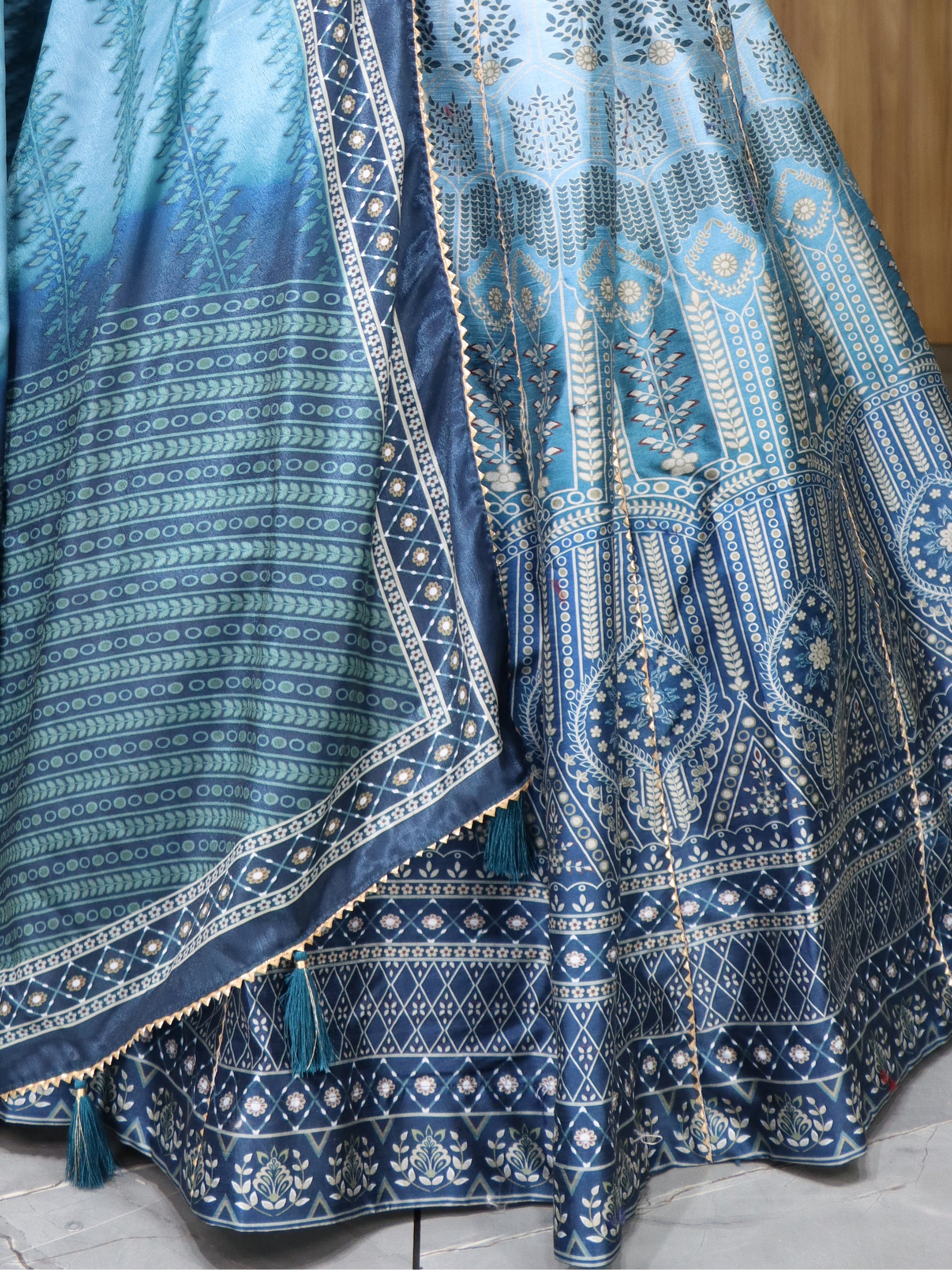 Dazzling Sky Blue Printed Art Silk Event Wear Lehenga Choli