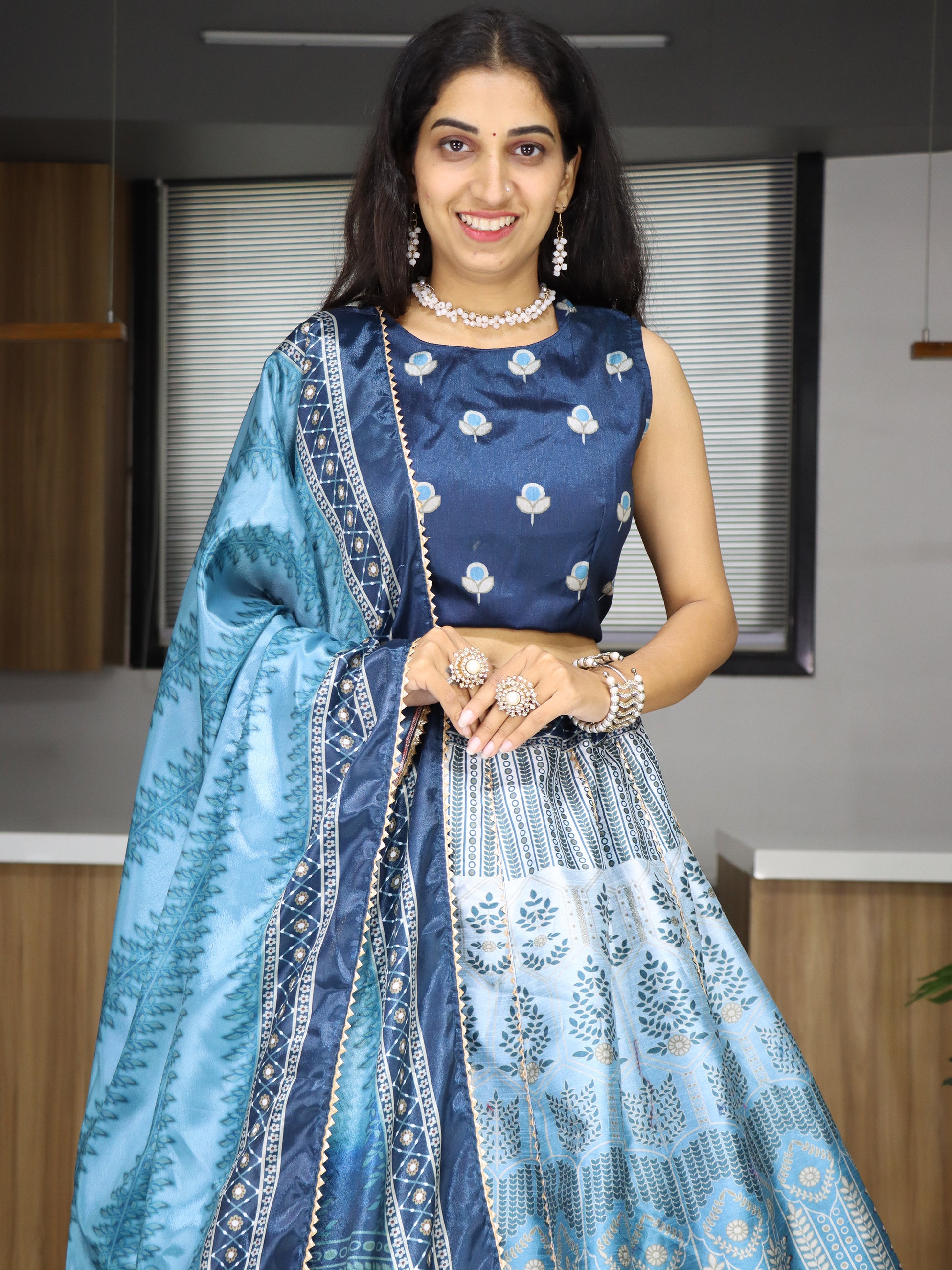Dazzling Sky Blue Printed Art Silk Event Wear Lehenga Choli