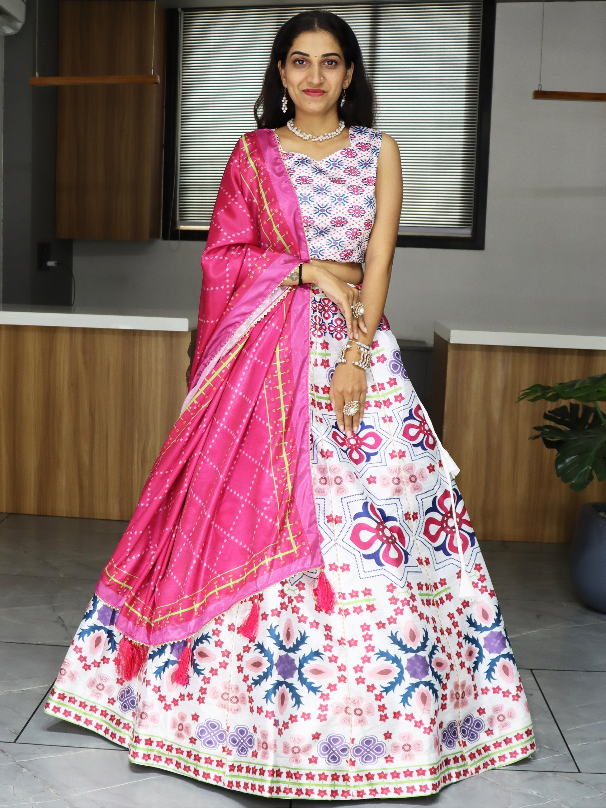 Astonishing White Digital Printed Art Silk Lehenga Choli With Dupatta
