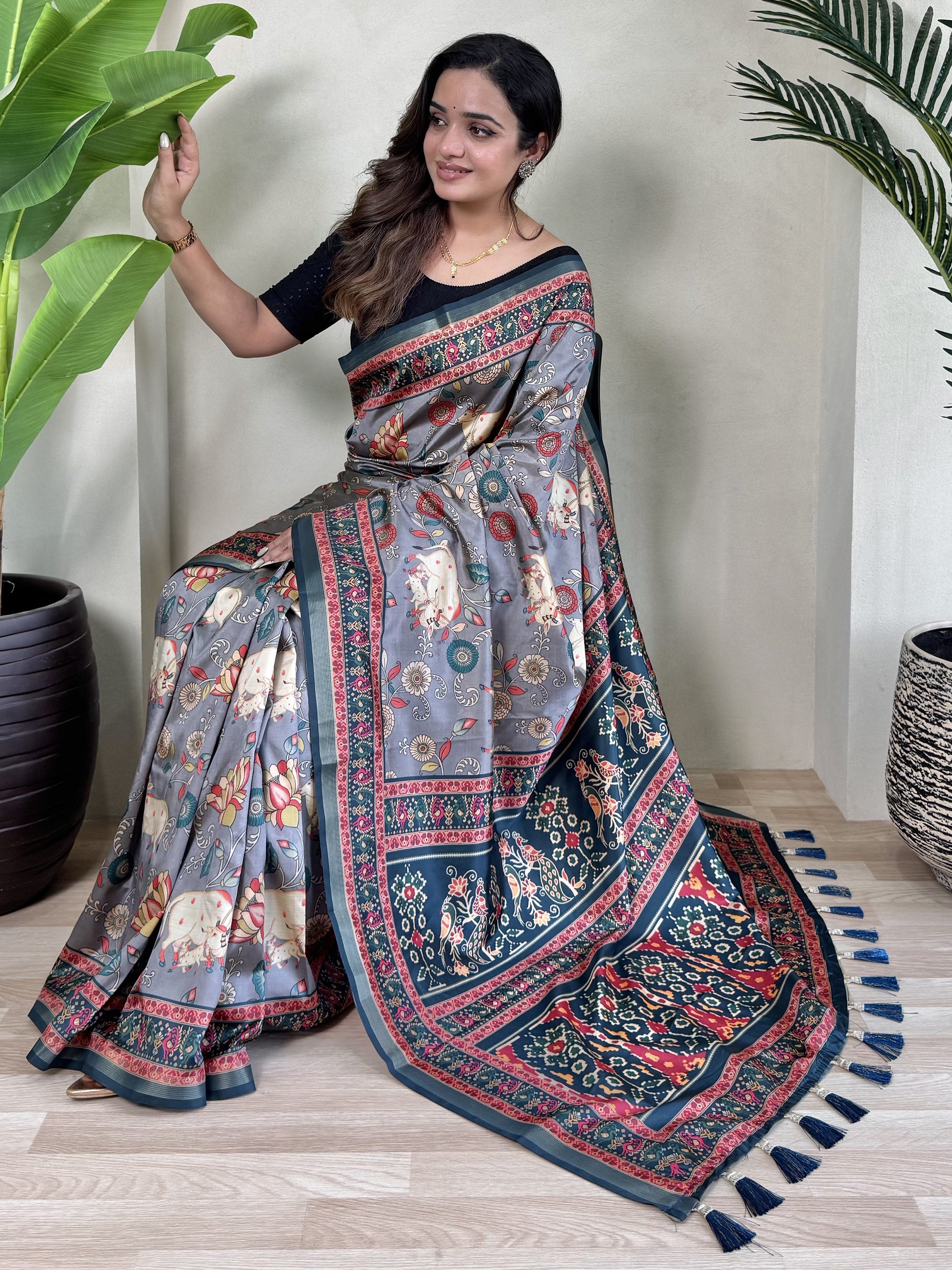 Alluring Blue Pichwai Printed Viscose Silk Casual Wear Saree With Blouse