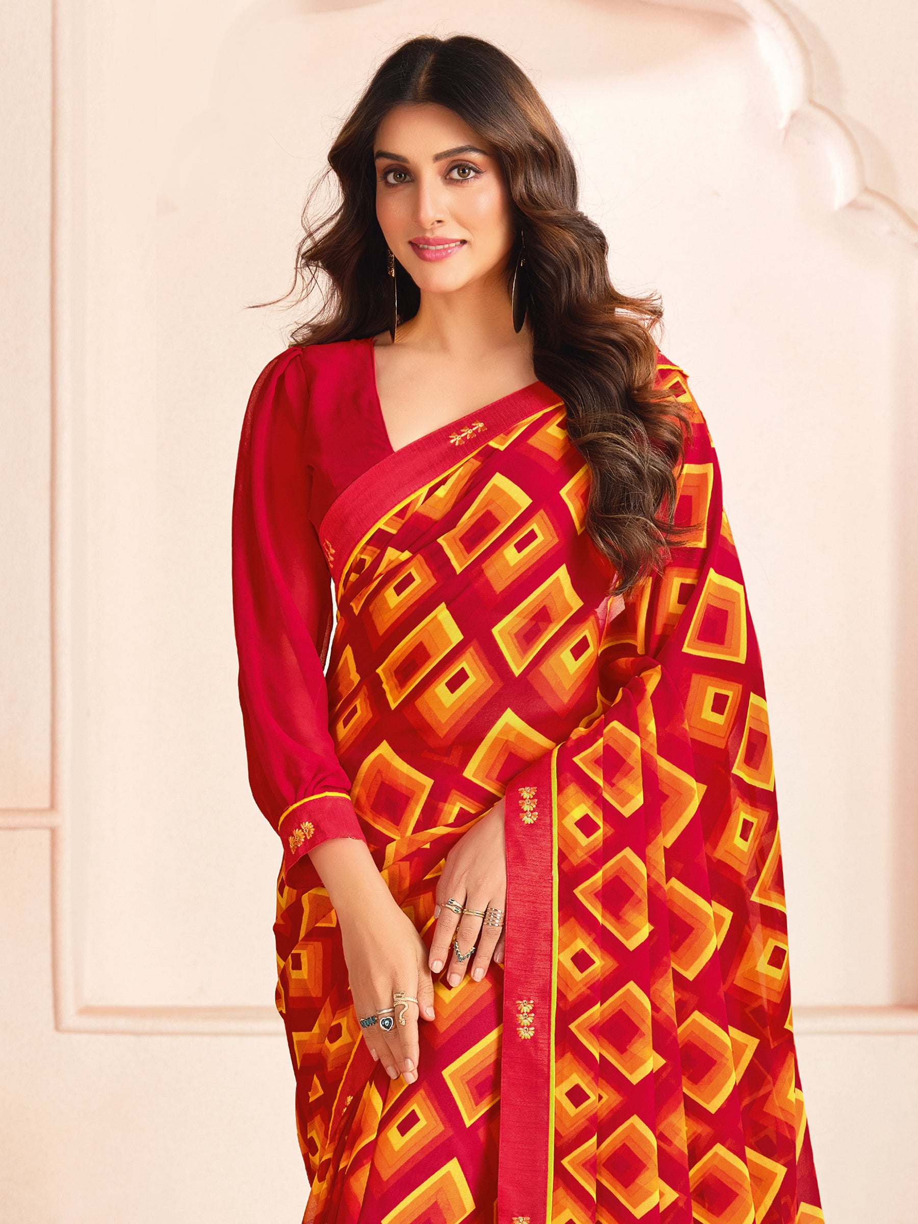 Lovely Red Digital Printed Georgette Office Wear Saree With Blouse