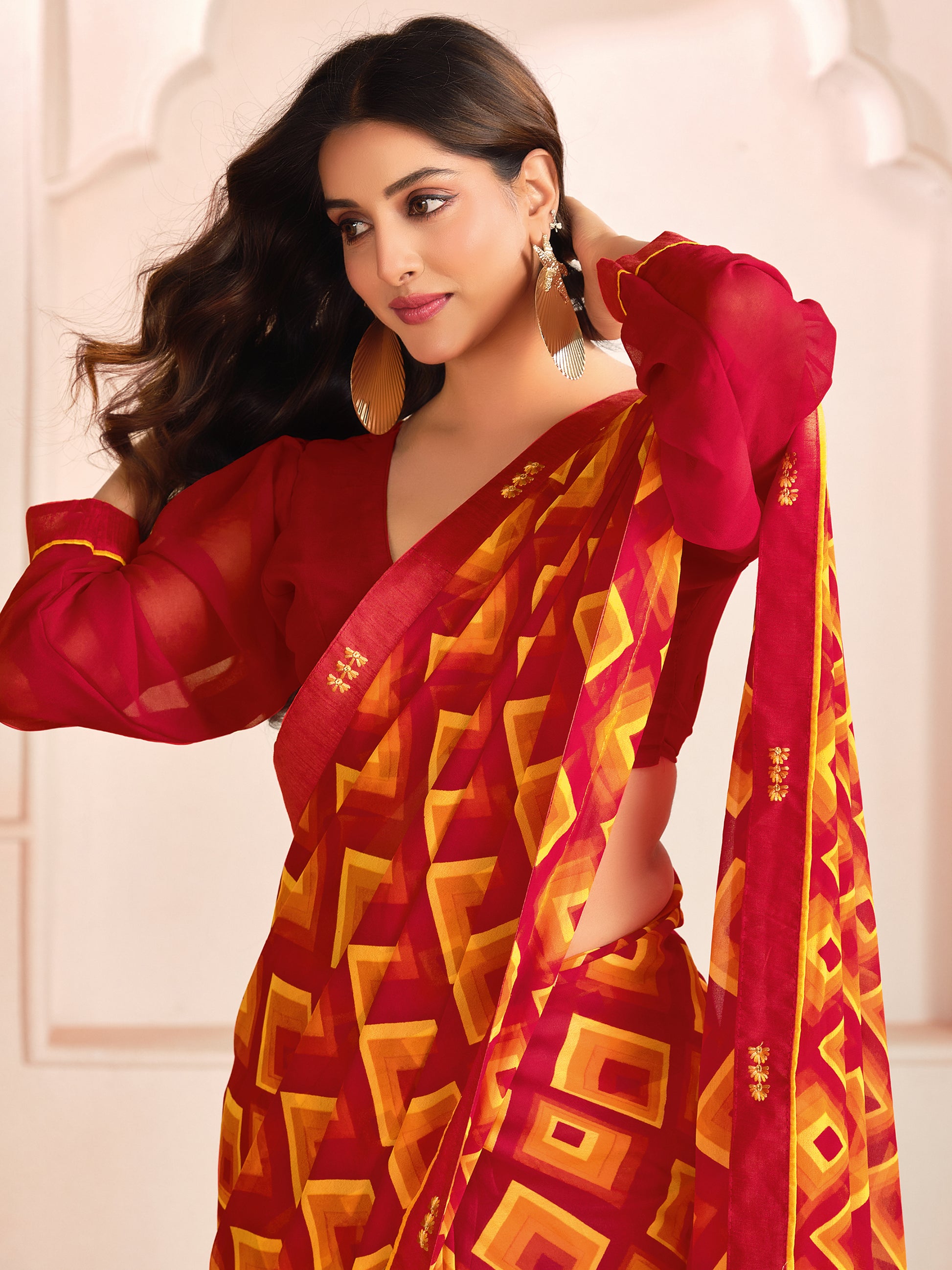 Lovely Red Digital Printed Georgette Office Wear Saree With Blouse
