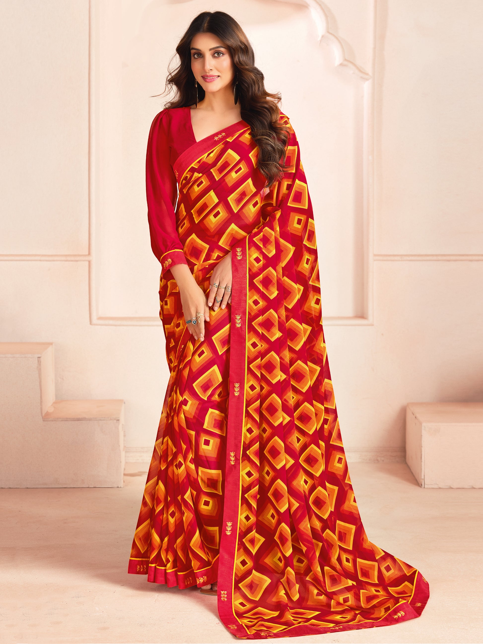 Lovely Red Digital Printed Georgette Office Wear Saree With Blouse