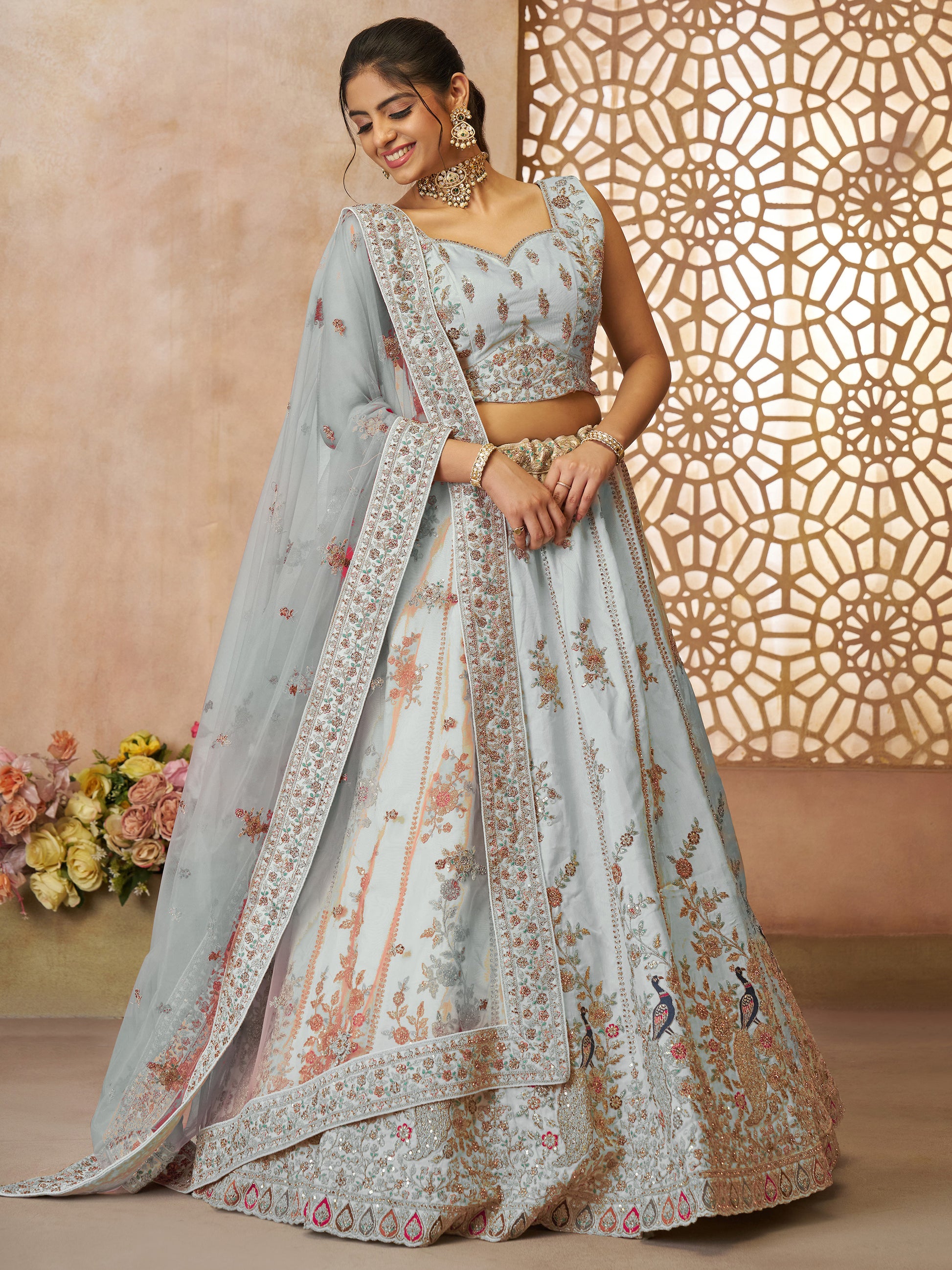 Gorgeous Sky-Blue Sequins Silk Bridesmaid Lehenga Choli With Dupatta