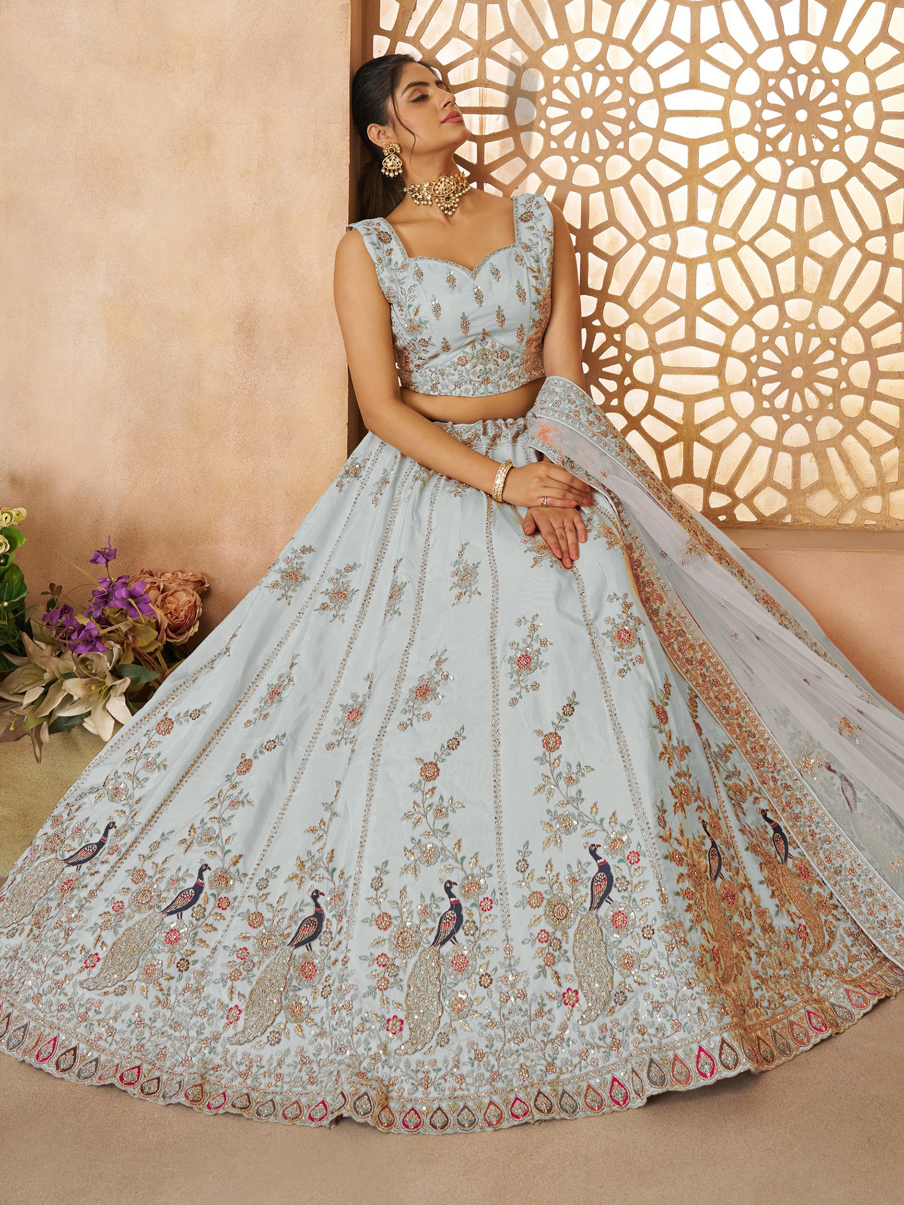 Gorgeous Sky-Blue Sequins Silk Bridesmaid Lehenga Choli With Dupatta