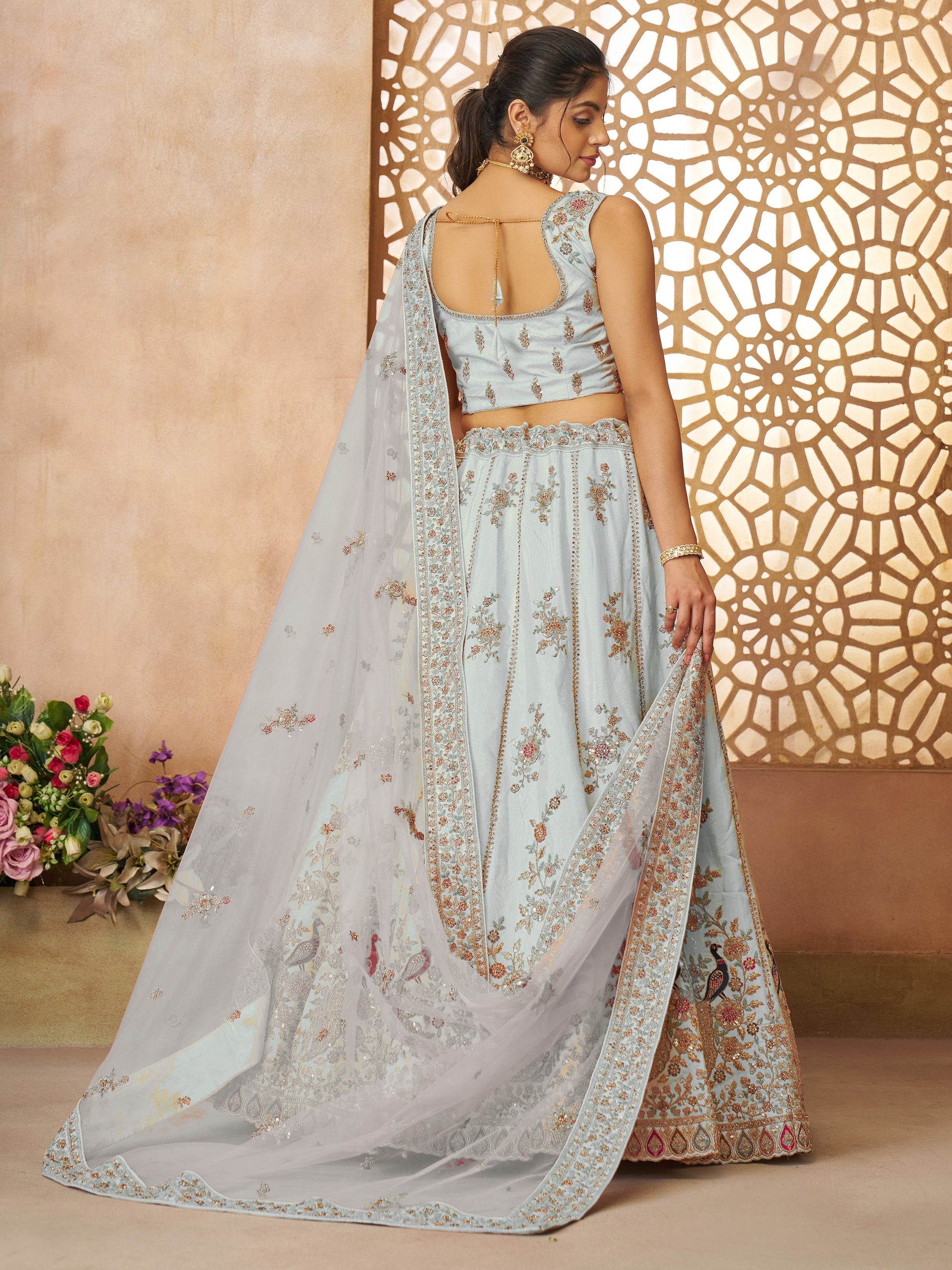 Gorgeous Sky-Blue Sequins Silk Bridesmaid Lehenga Choli With Dupatta