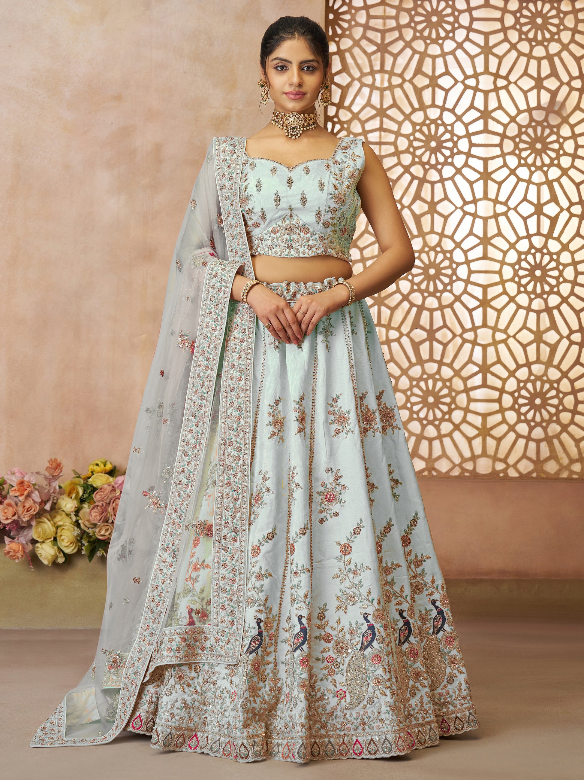 Gorgeous Sky-Blue Sequins Silk Bridesmaid Lehenga Choli With Dupatta