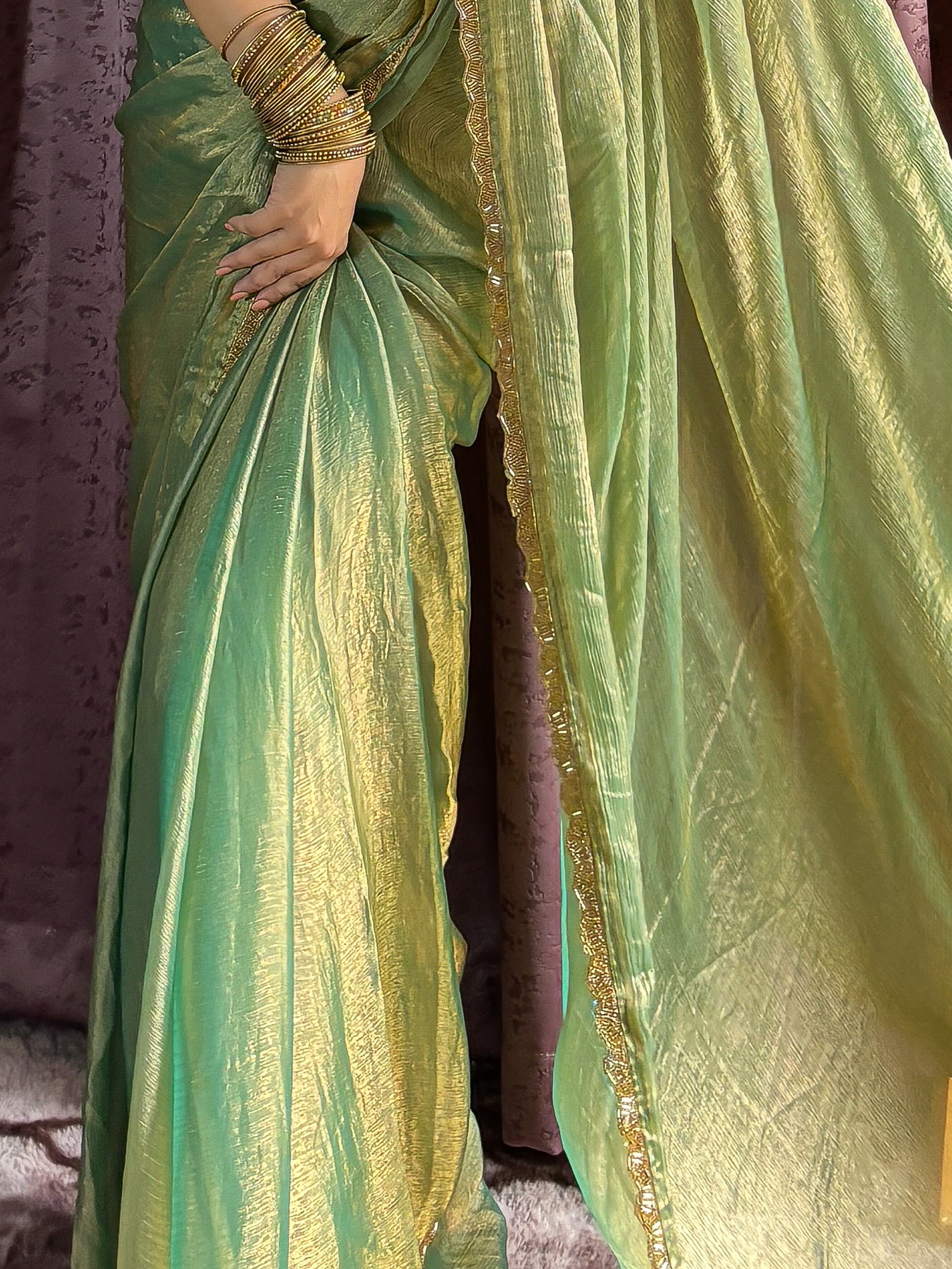 Dazzling Green Beads Hand Work Silk Saree With Blouse