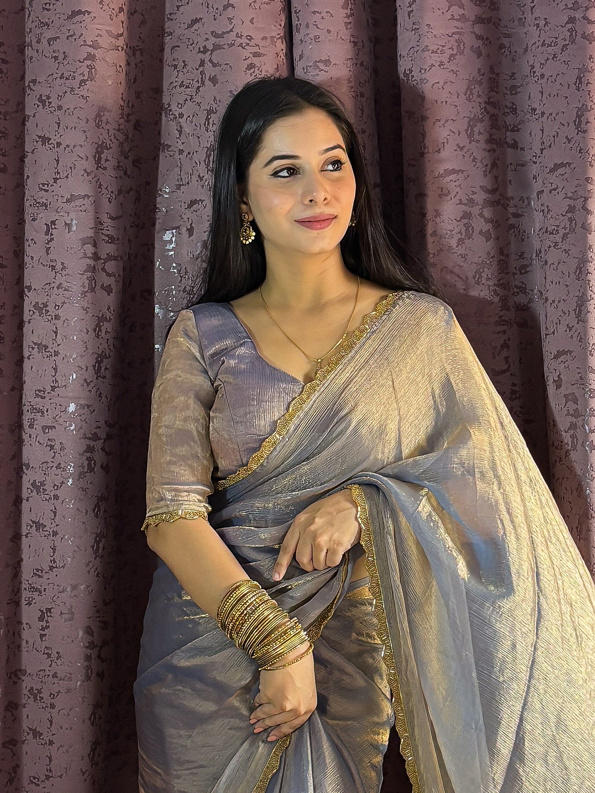 Tantalizing Grey Fendi Silk Two Tone Saree With Blouse