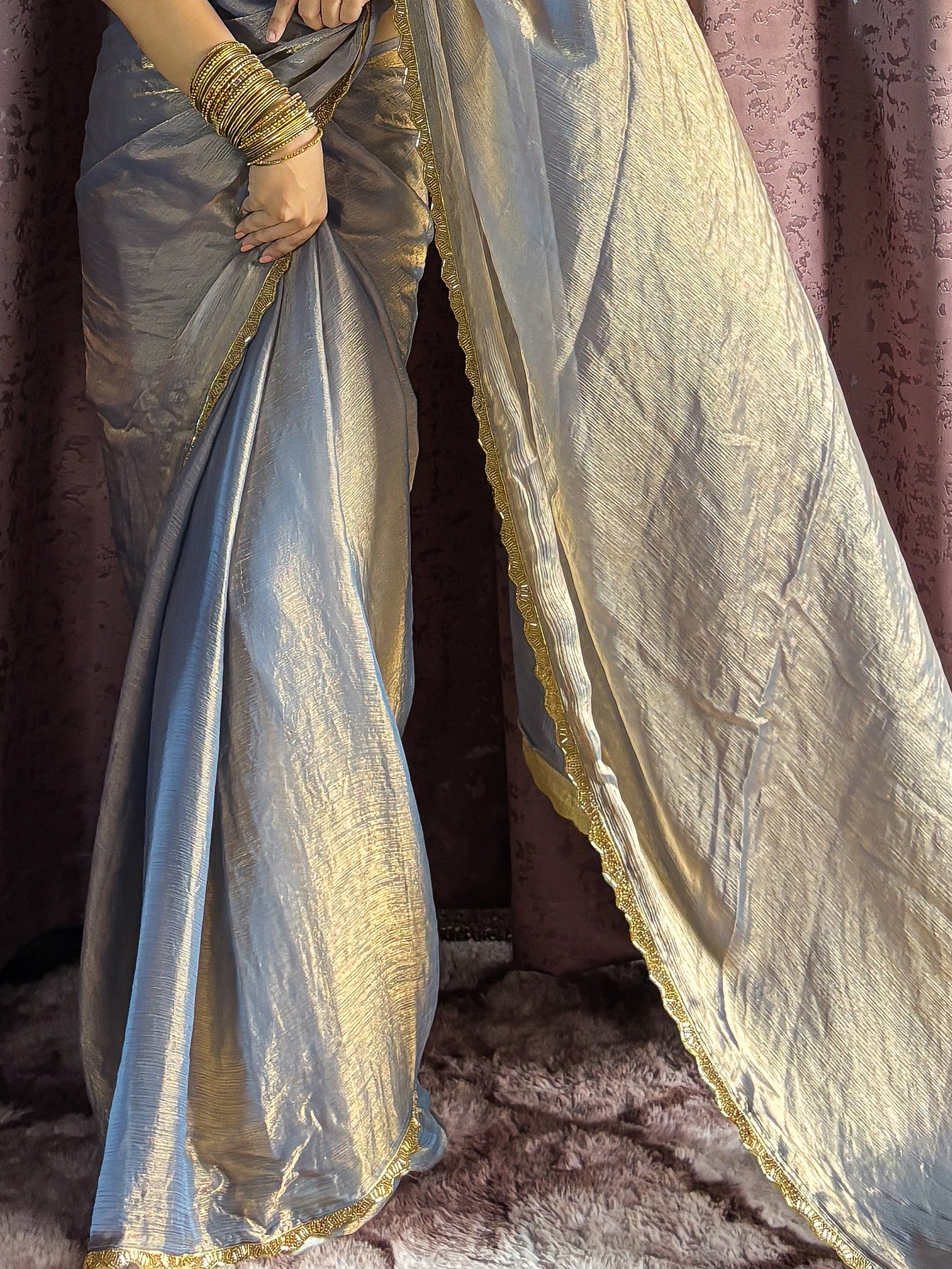 Tantalizing Grey Fendi Silk Two Tone Saree With Blouse