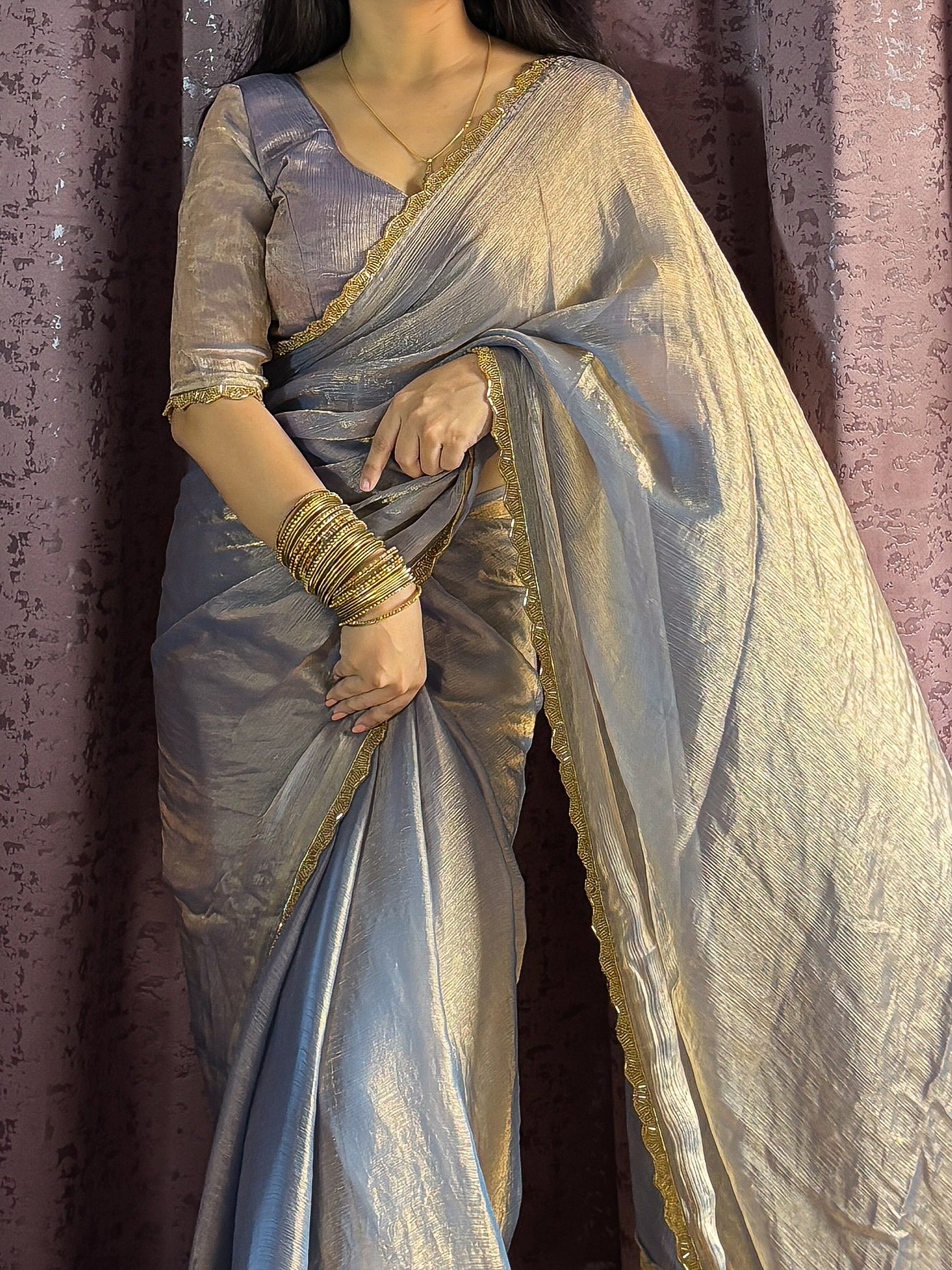 Tantalizing Grey Fendi Silk Two Tone Saree With Blouse