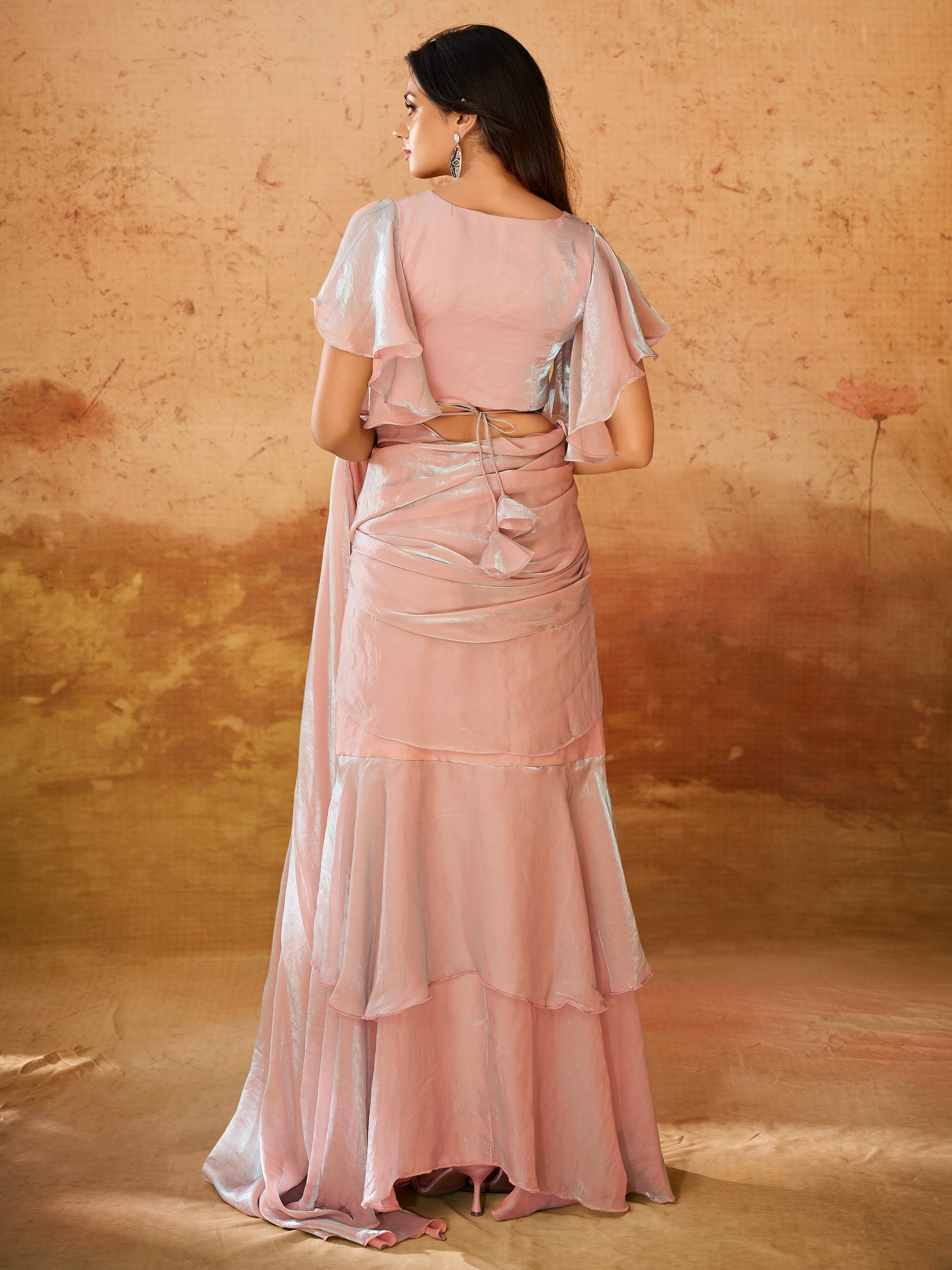 Attractive Baby Pink Organza Party Wear Ruffles Saree With Blouse