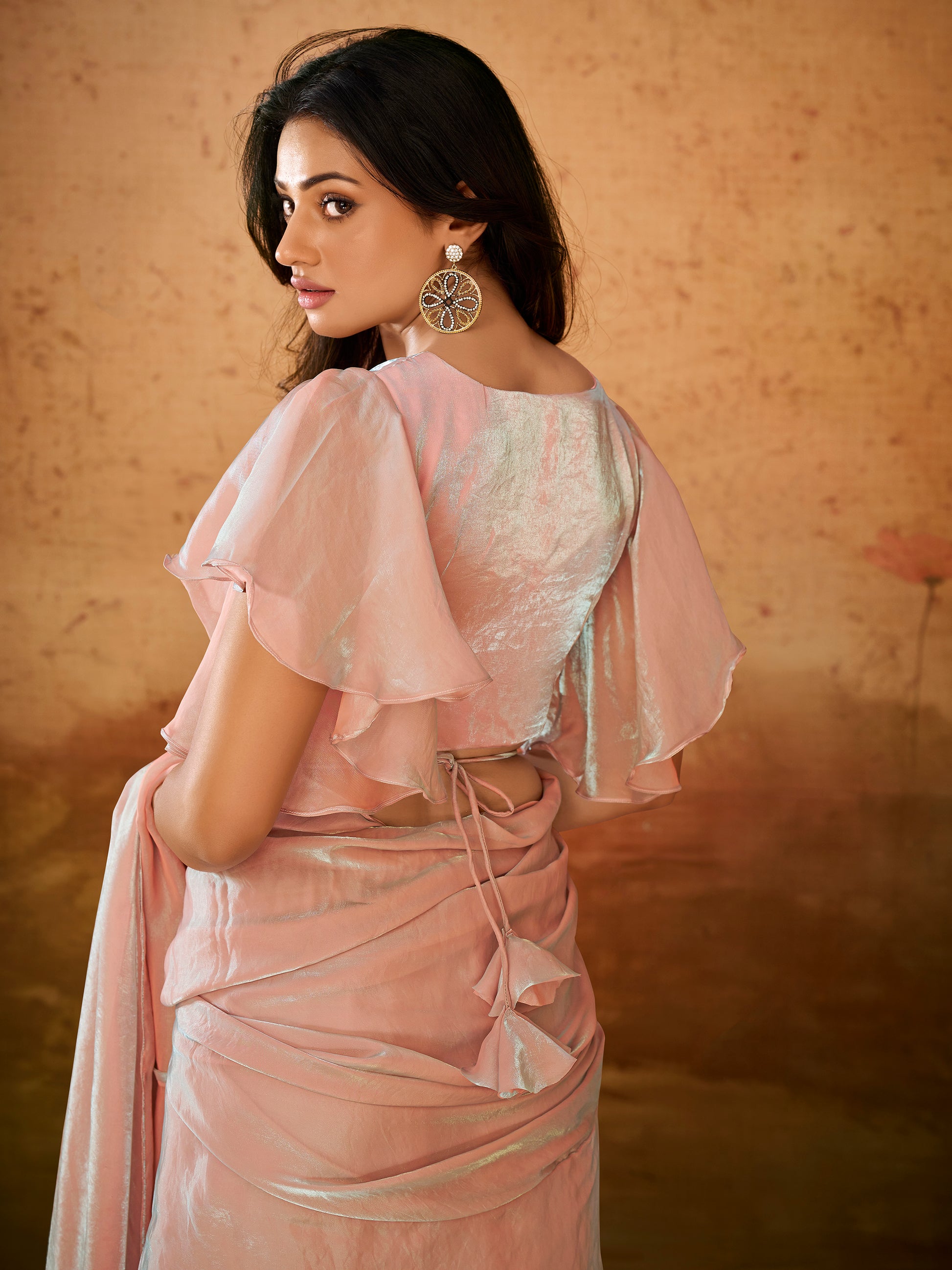 Attractive Baby Pink Organza Party Wear Ruffles Saree With Blouse
