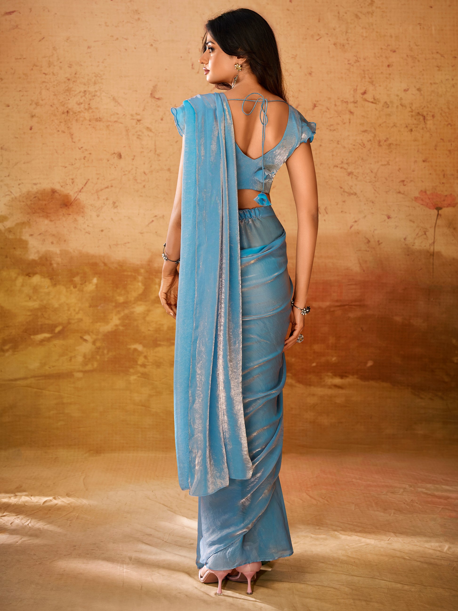 Charming Blue Organza Ready To Wear Saree With Blouse