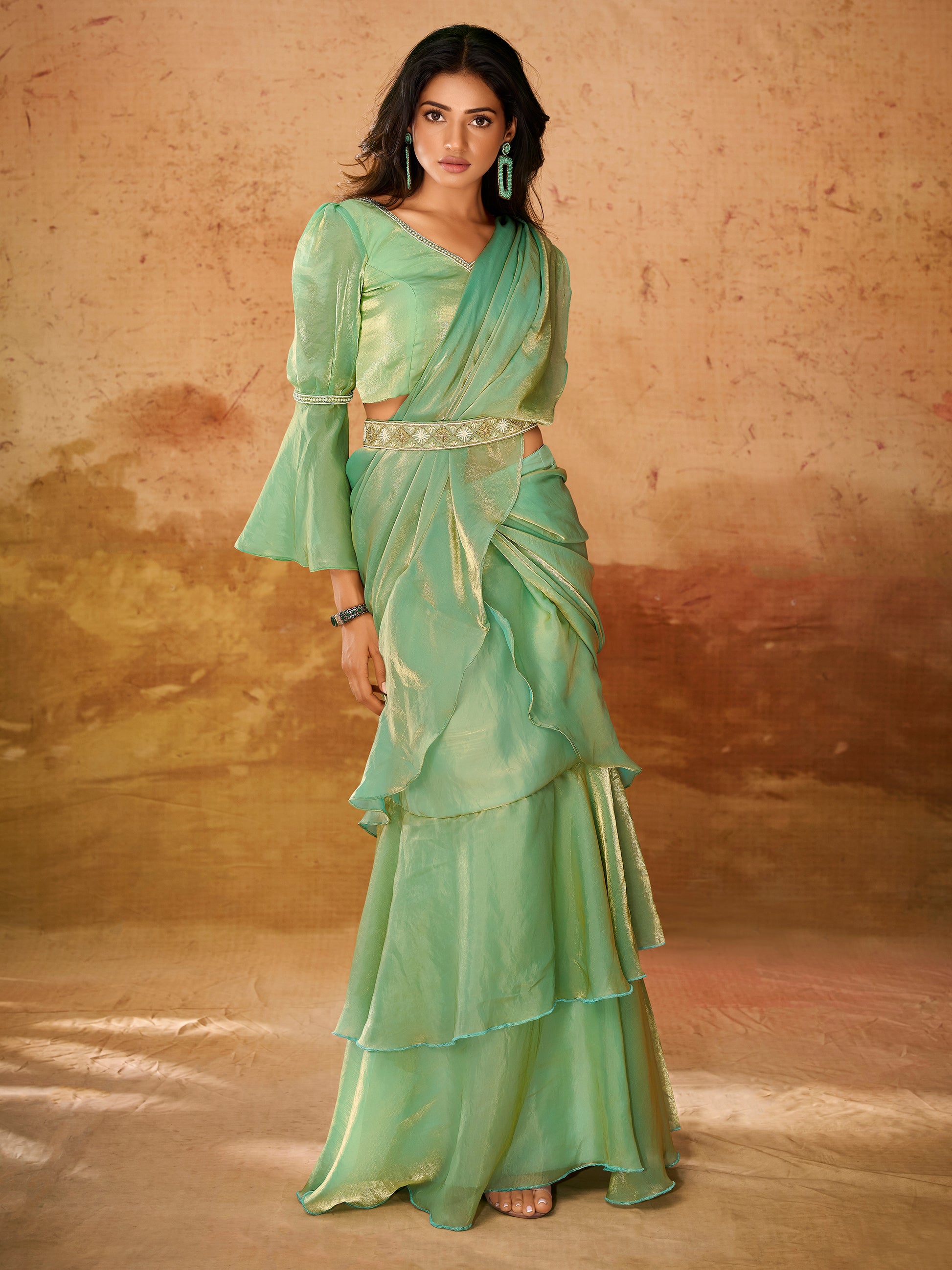 Beautiful Pista Green Organza Ready To Wear Ruffles Saree With Blouse