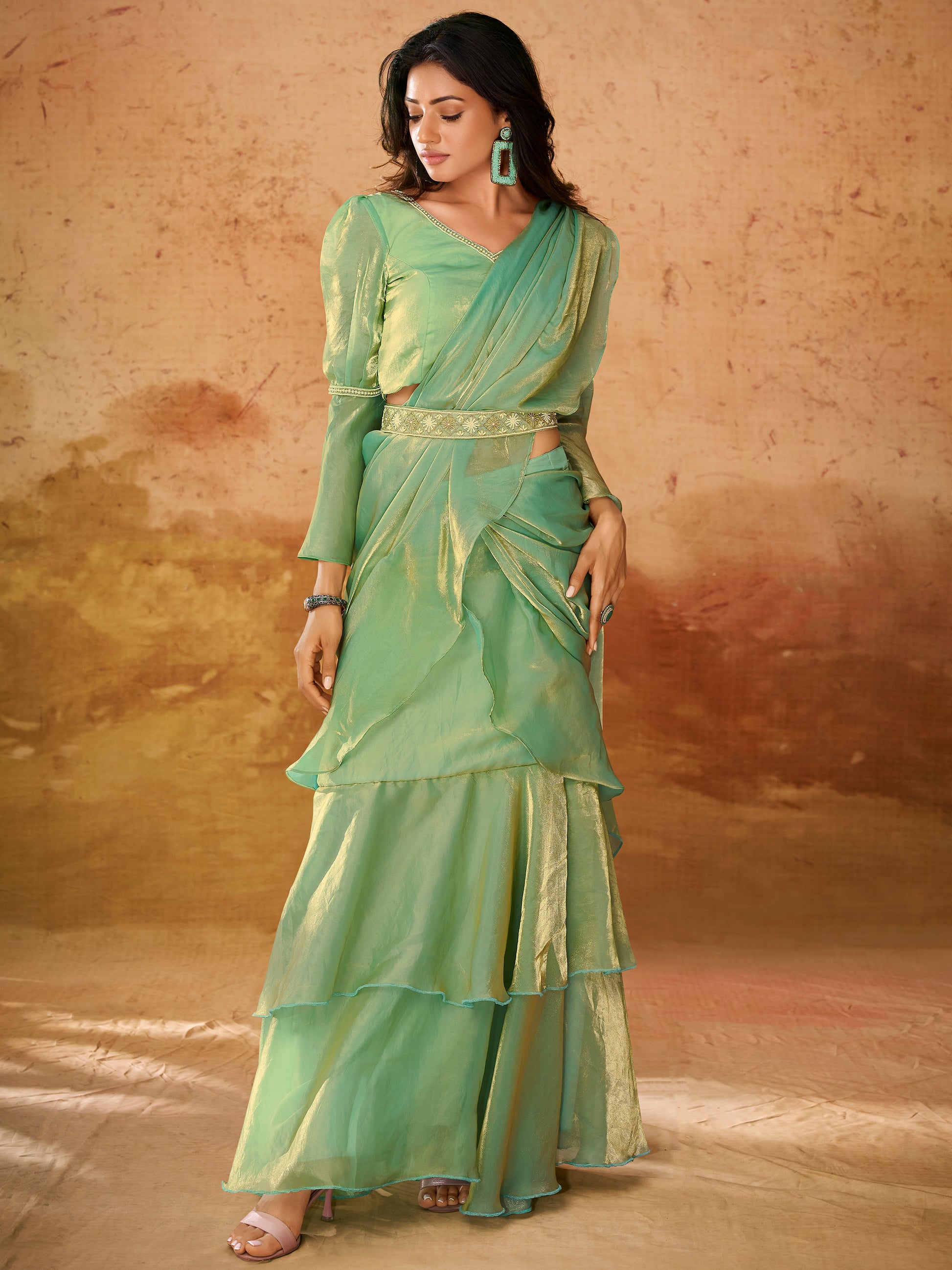 Beautiful Pista Green Organza Ready To Wear Ruffles Saree With Blouse